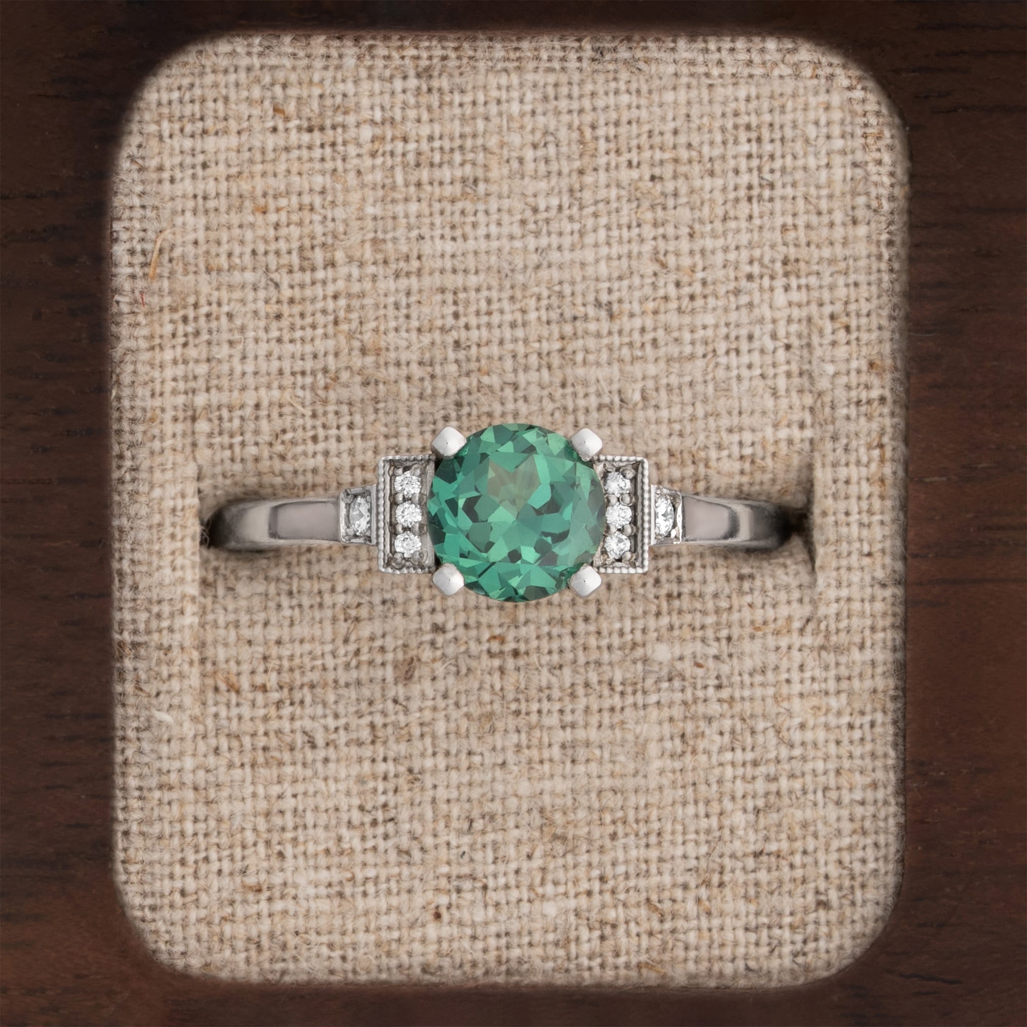 Grown green sapphire and diamond engagement ring — 1