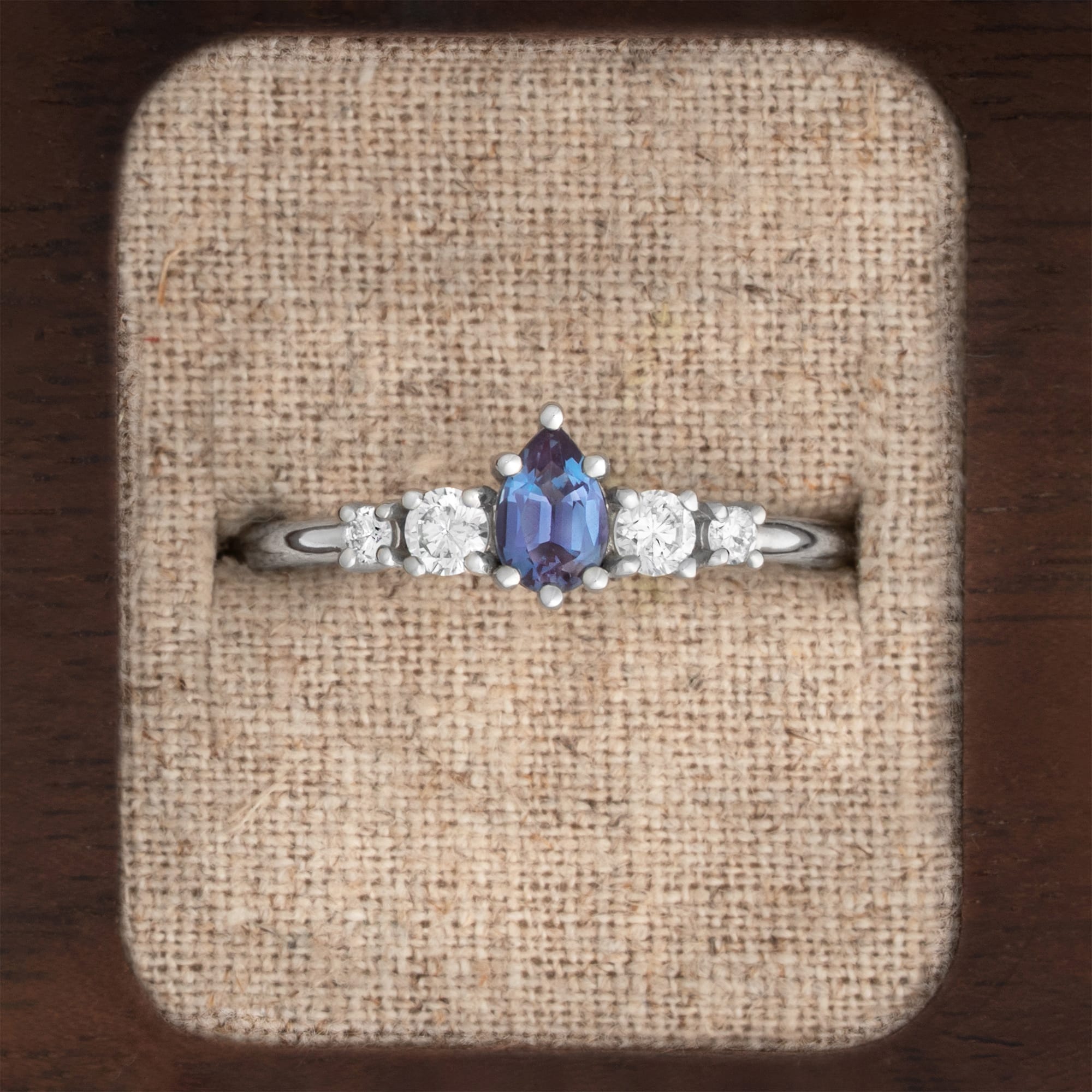 Alexandrite and diamond 5 stone engagement ring in platinum