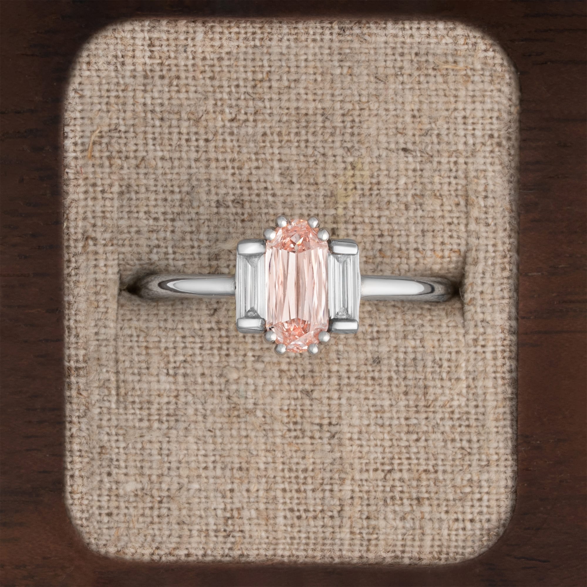 Elongated cushion cut pink diamond art deco inspired ring
