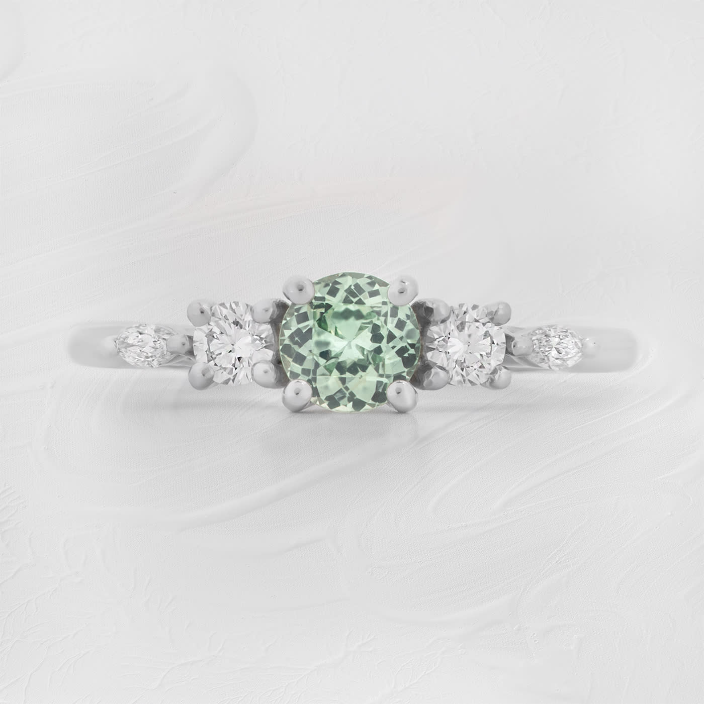 Precision seafoam green sapphire and diamond trellis ring  product image