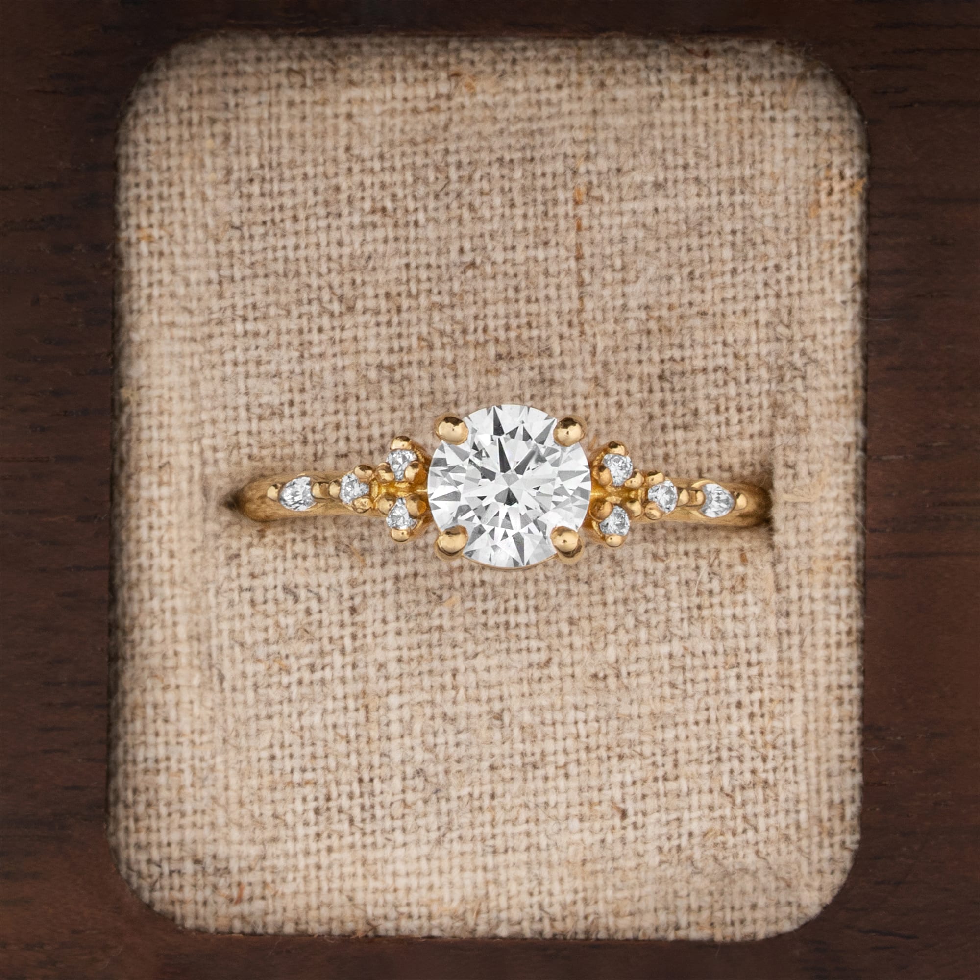 Lab grown diamond floral engagement ring handmade in 18ct yellow gold