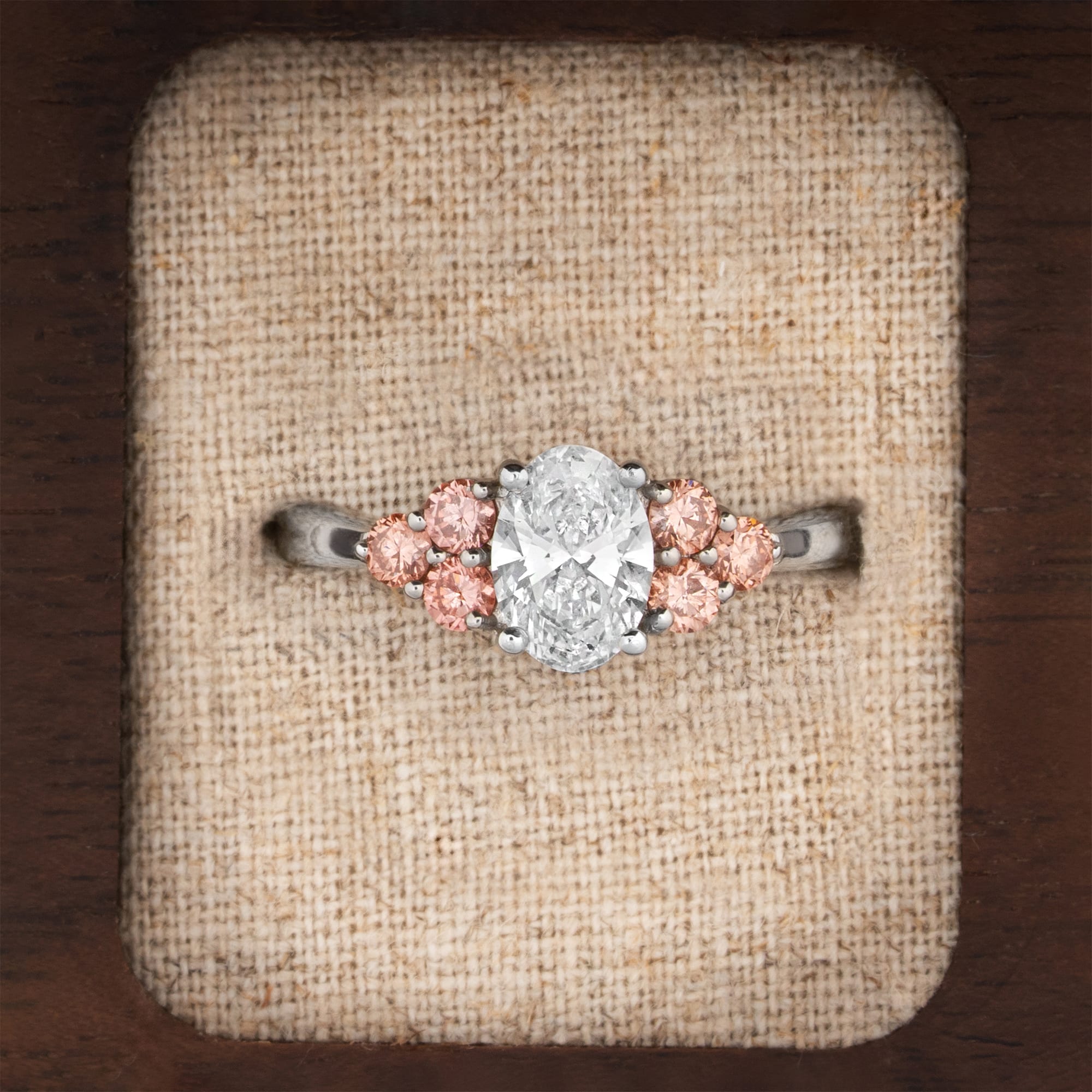 White and peach lab grown diamond ring