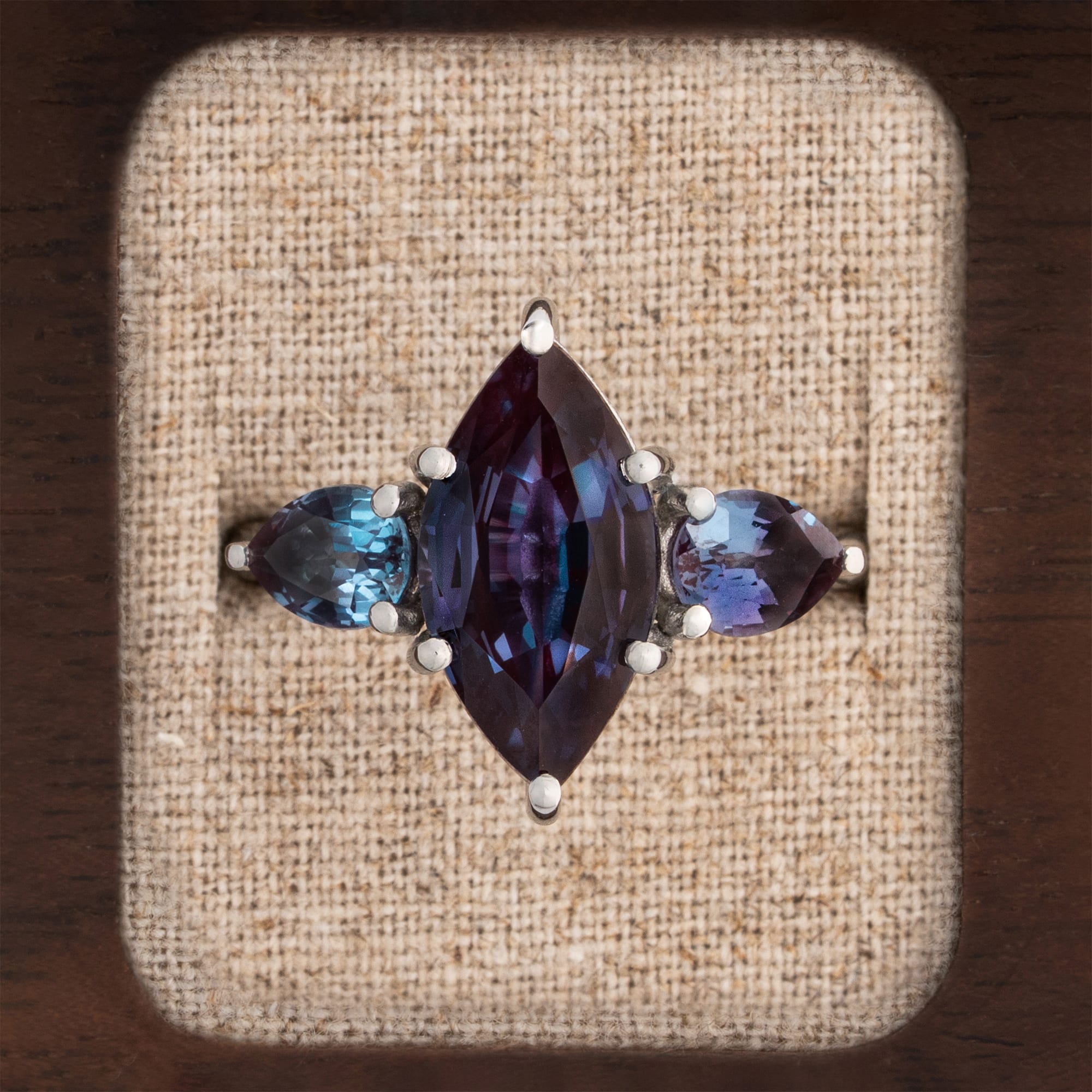 Alexandrite marquise trilogy ring