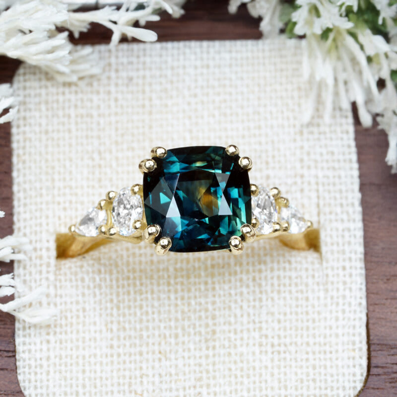 Cushion teal sapphire and diamond ring Aardvark Jewellery - Main Image