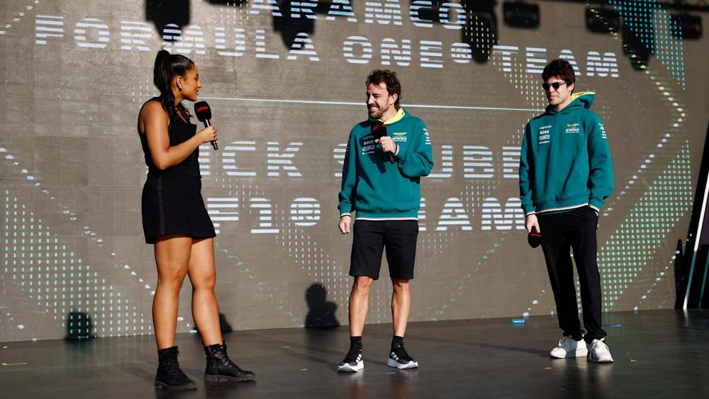 Bravo chats to Fernando Alonso and Lance Stroll on stage at the 2024 Qatar Grand Prix