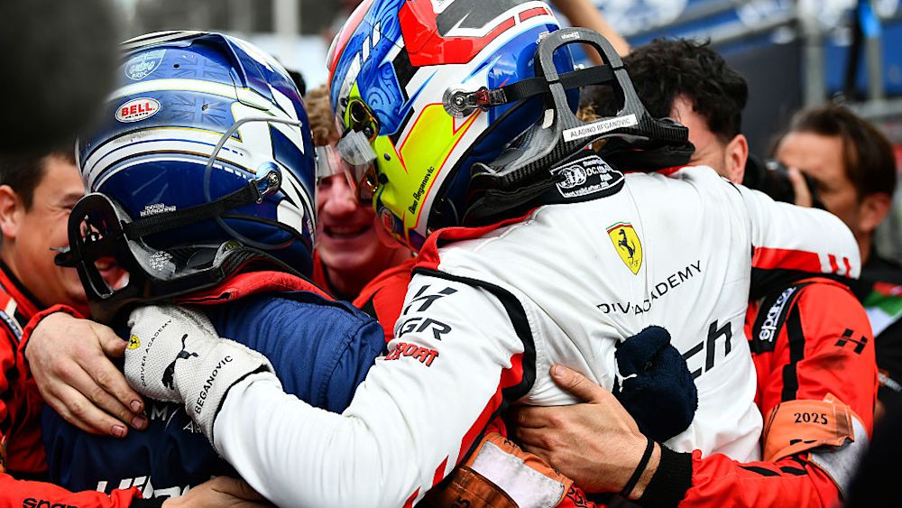 Beganovic and Browning celebrating the one-two finish with their Hitech team