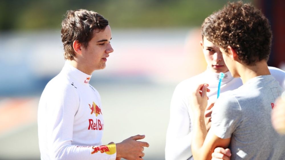 Tridents Egdar L talks with PREMA duo Bearman C and Crawford R