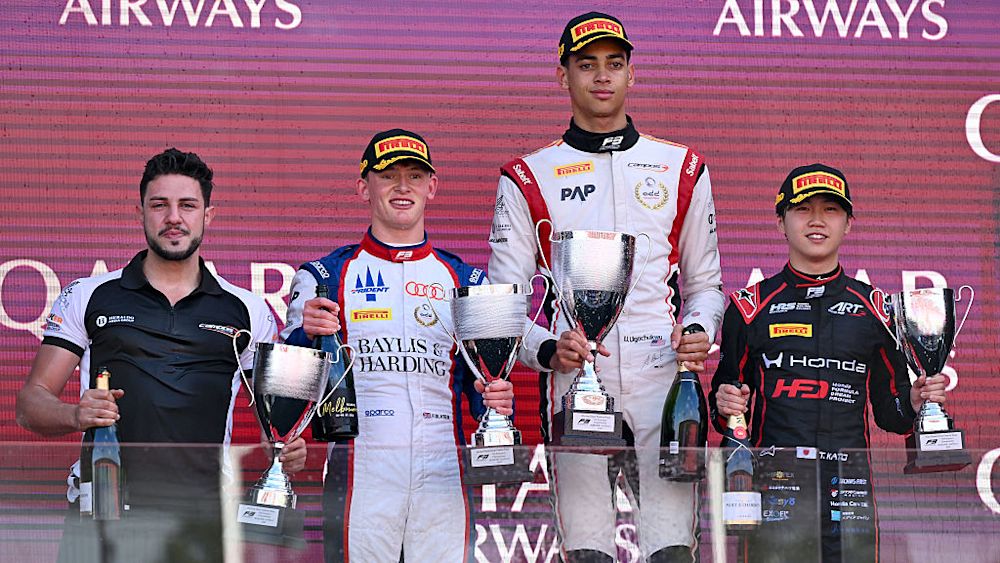The top three celebrate on the podium after the Feature Rae
