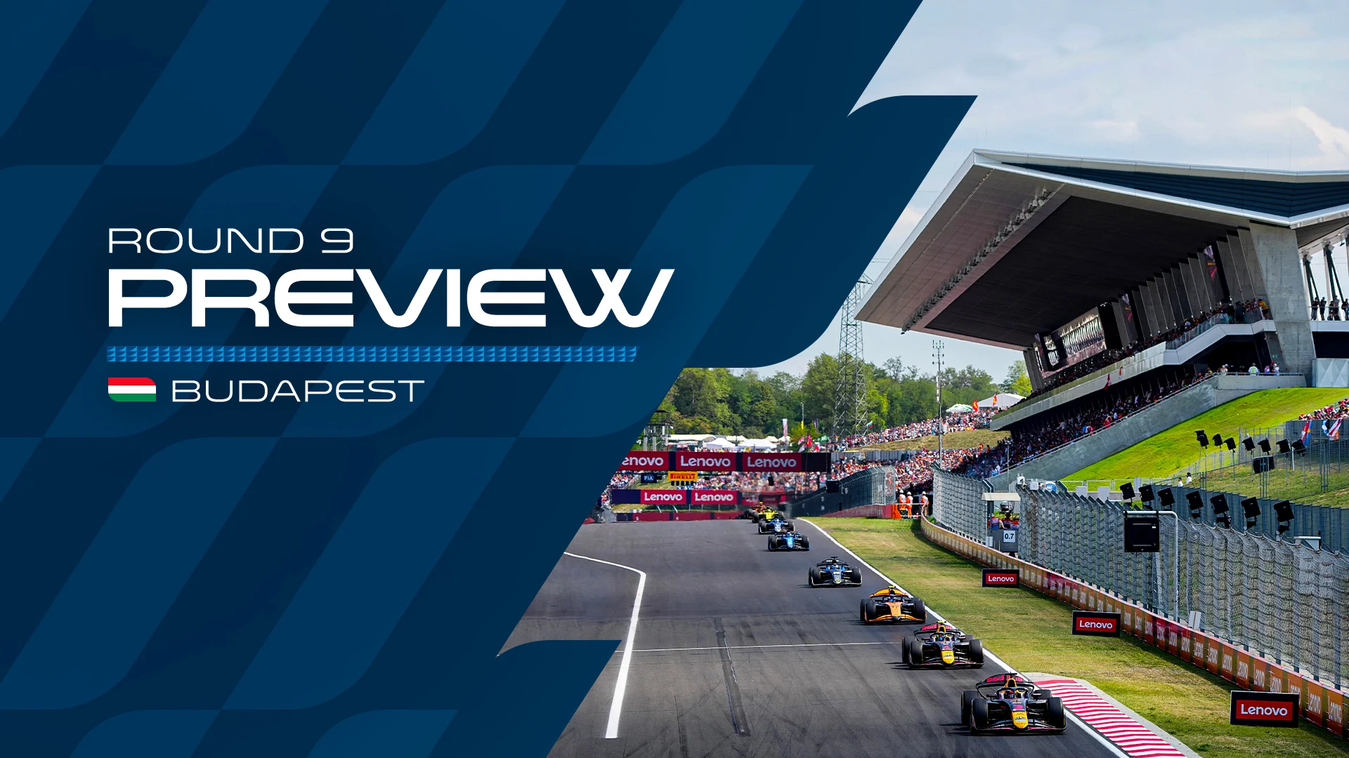 Official 2026 Budapest Formula 2 Round 9 preview graphic showing cars racing at the Hungaroring