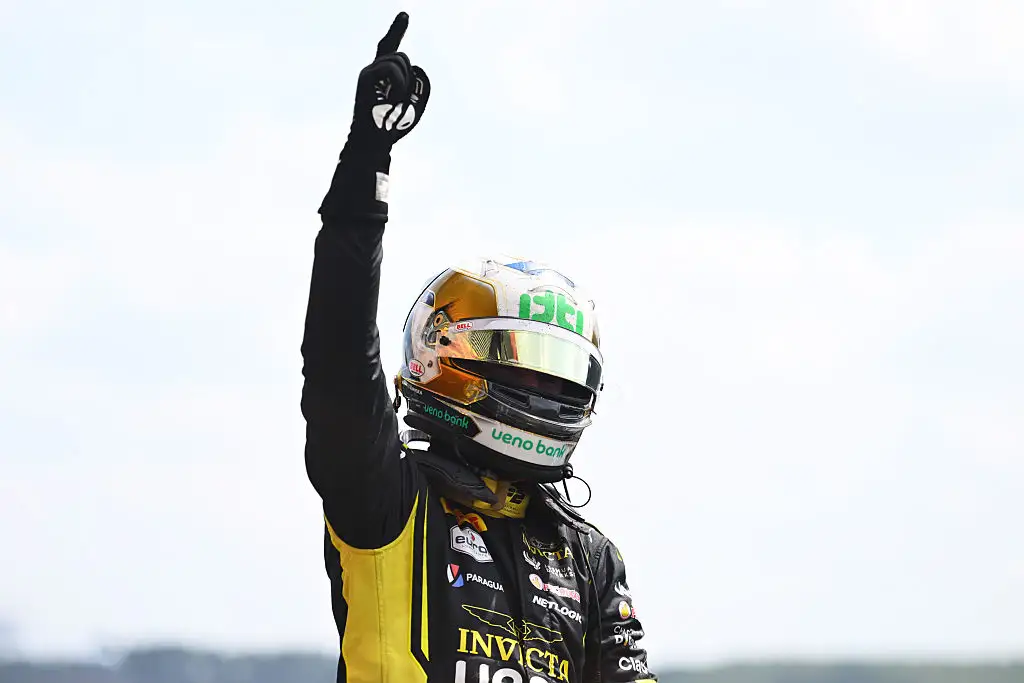 Joshua Duerksen celebrates after winning the 2026 Formula 2 Sprint Race at Spa