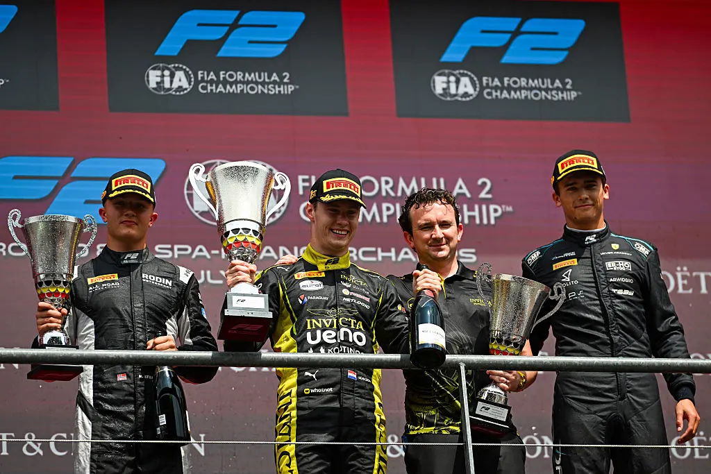 Joshua Duerksen celebrates his 2026 Spa Formula 2 Sprint Race victory on the podium
