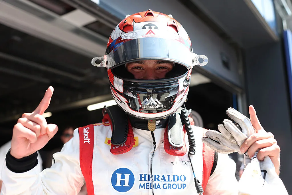 Noel Leon celebrates his first Formula 2 Feature Race victory at the 2026 Budapest round