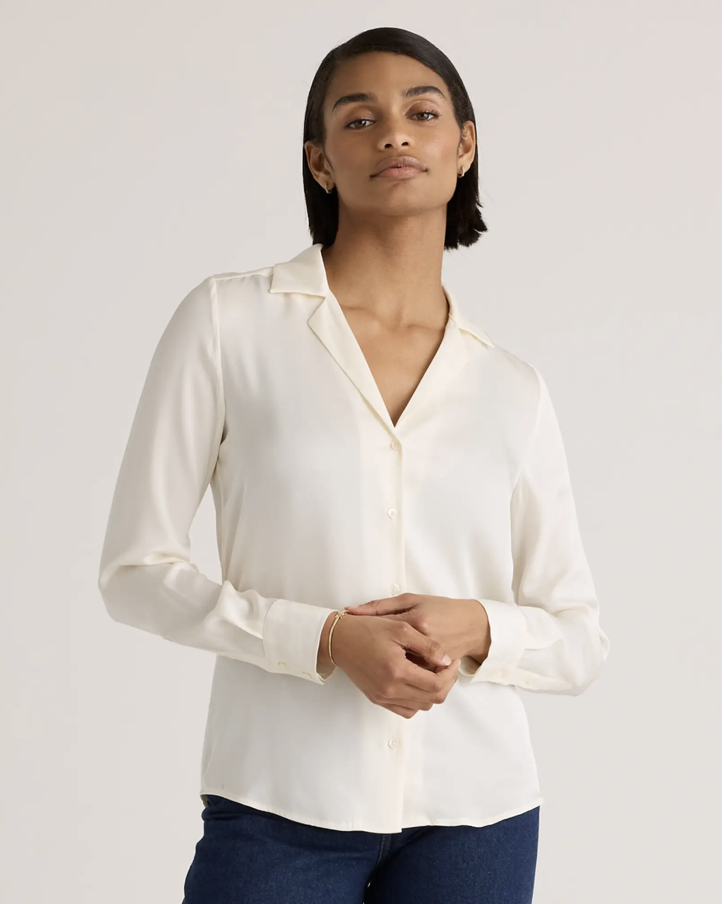 Washable Stretch Silk Notch Collar Blouse