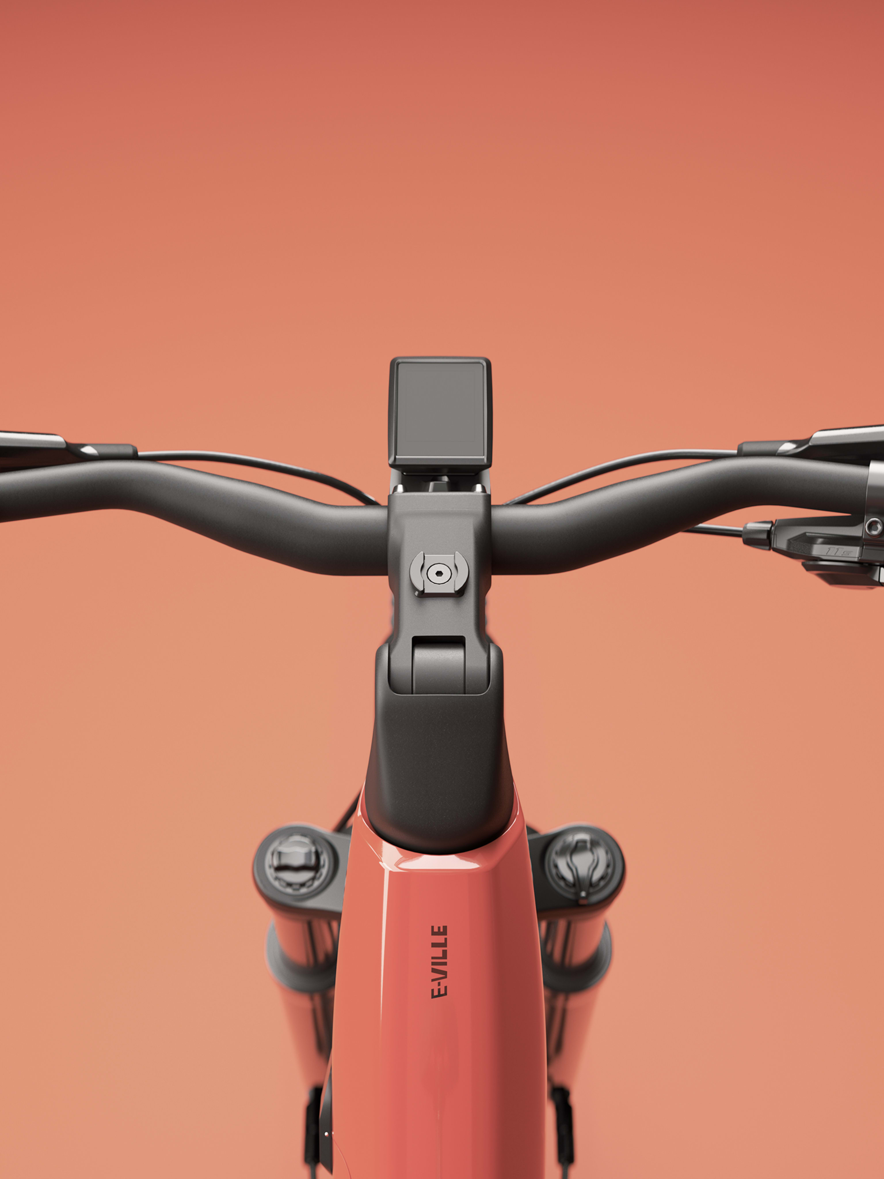 Close-up of a black bicycle handlebar and controls above a red bike frame, centered against a plain coral background in a clean, minimal product view.