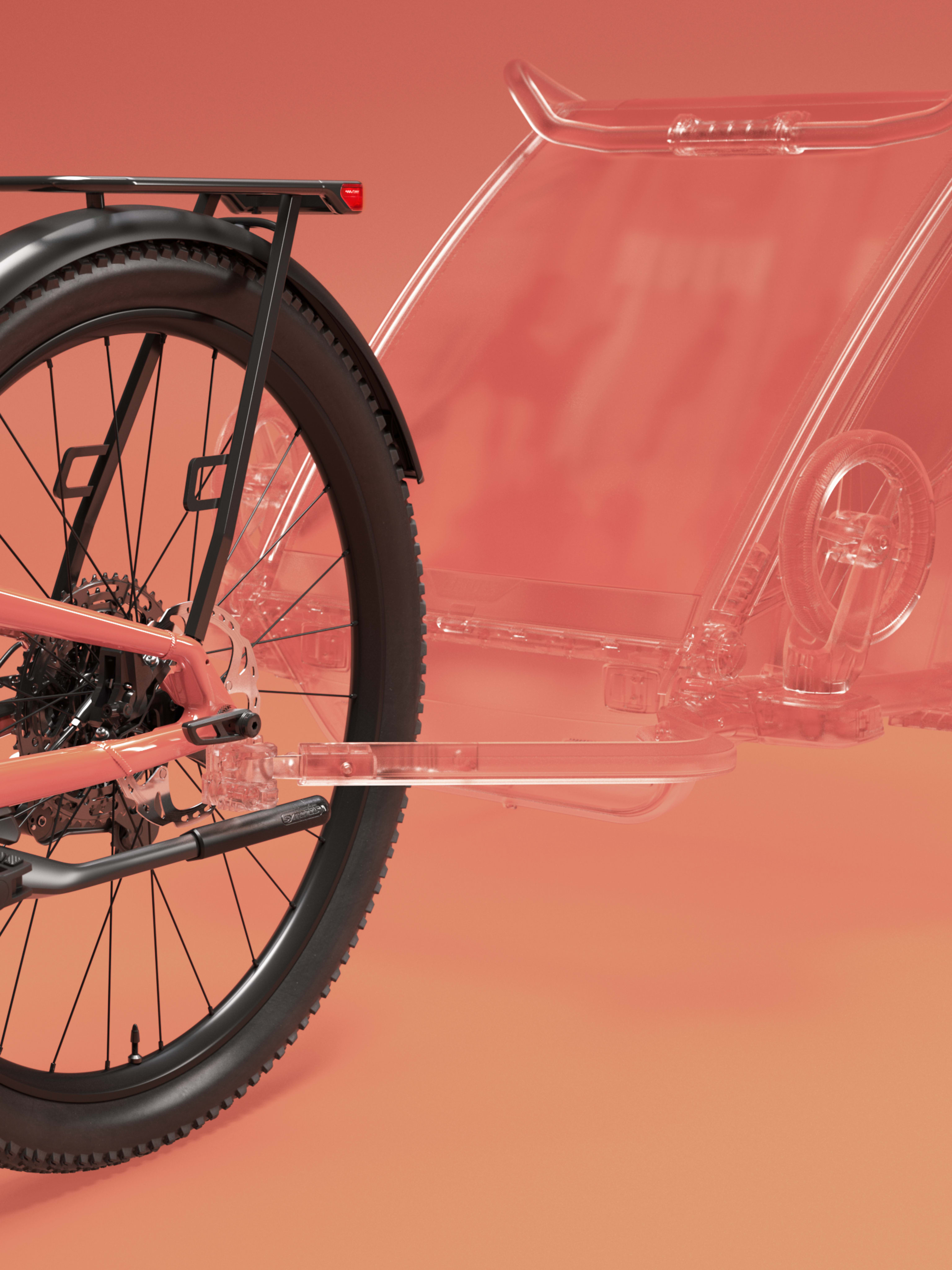 Close-up product rendering of a coral-red electric bicycle’s rear frame, black wheel, chain, and drivetrain against a plain salmon background.