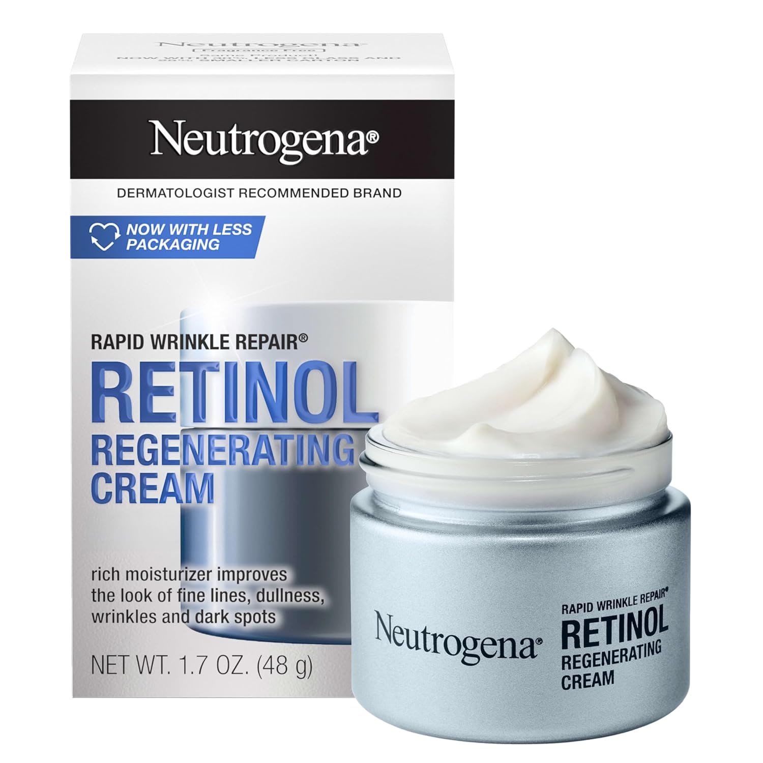 Neutrogena Rapid Wrinkle Repair Retinol Regenerating Cream, shown with packaging and jar, designed to improve fine lines, wrinkles, and skin texture.