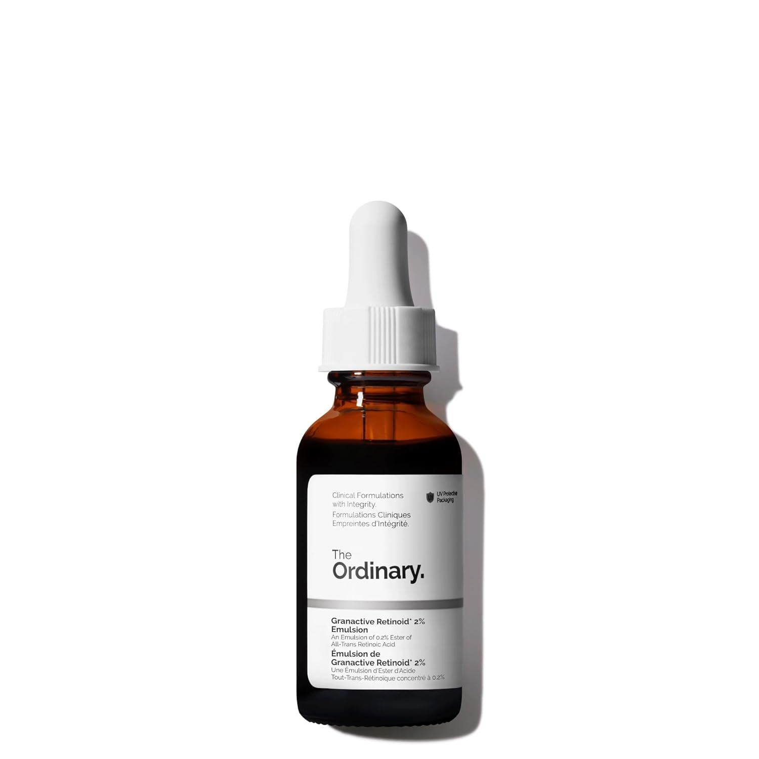 The Ordinary Granactive Retinoid 2% Emulsion, shown in an amber glass dropper bottle, formulated to support skin renewal and reduce signs of aging.