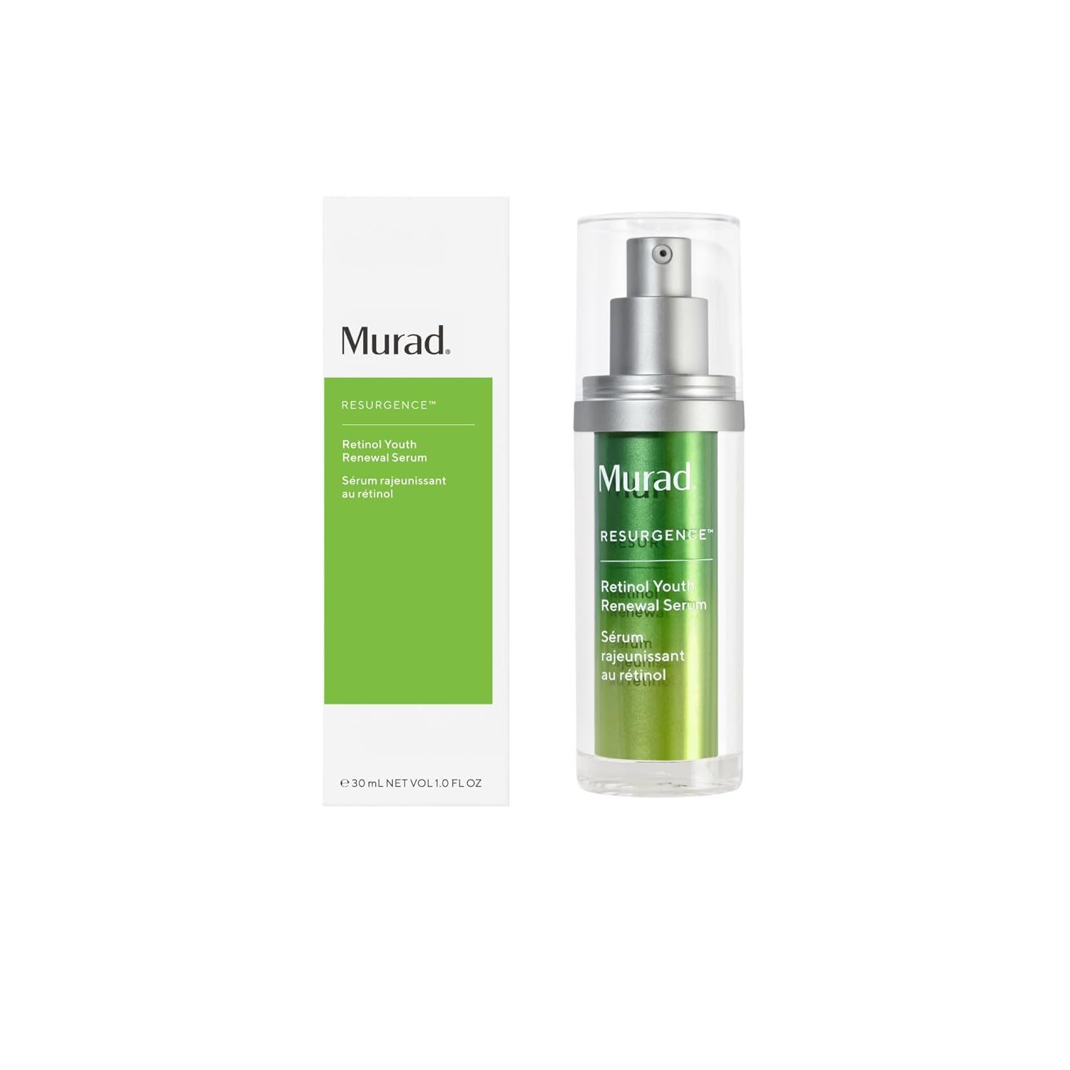Murad Retinol Youth Renewal Serum, shown in a pump bottle with packaging, designed to smooth wrinkles and improve skin firmness and tone.