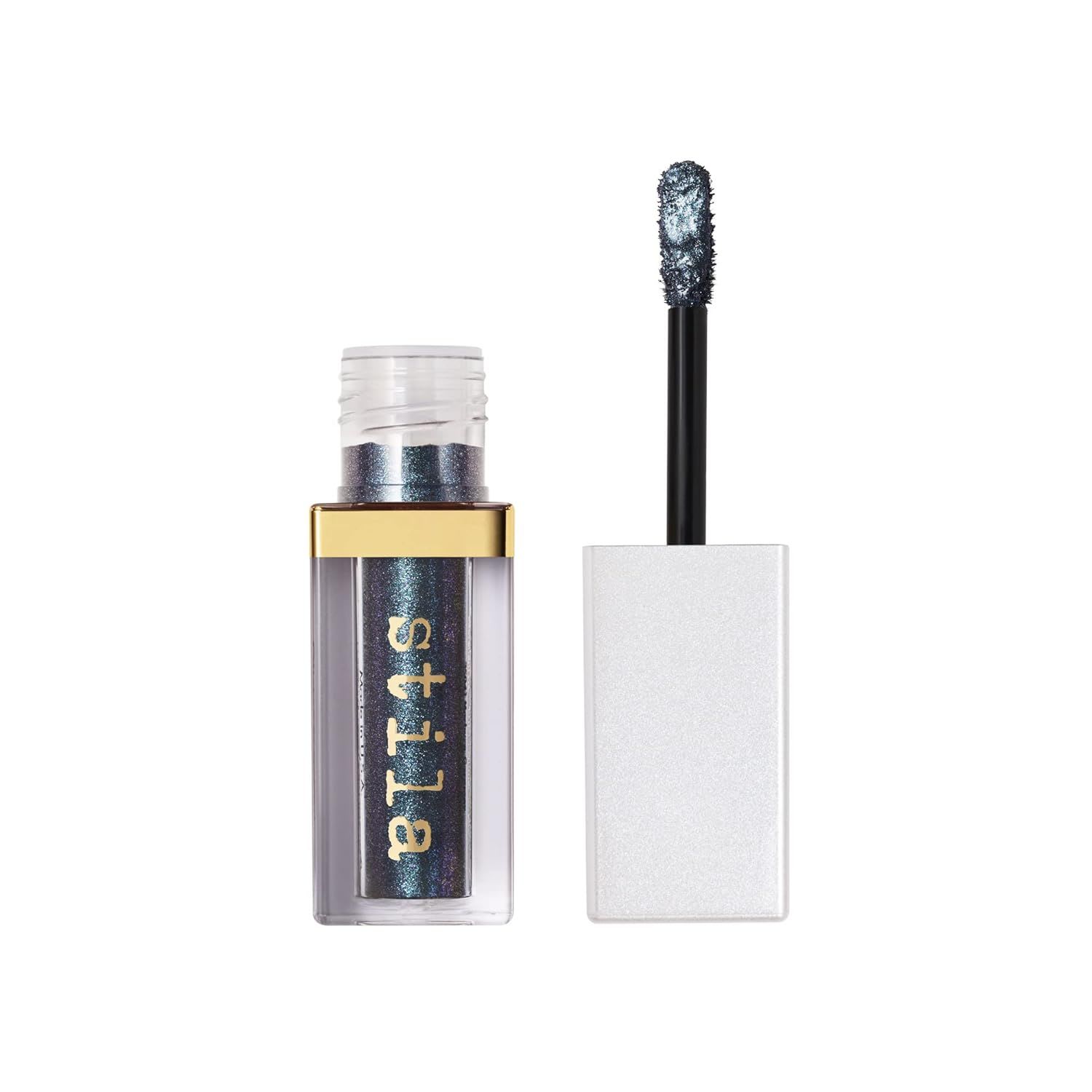 Stila glitter liquid eyeshadow in a deep iridescent shade, shown in a clear tube with a doe-foot applicator, designed to deliver high-shine, sparkly eye color.