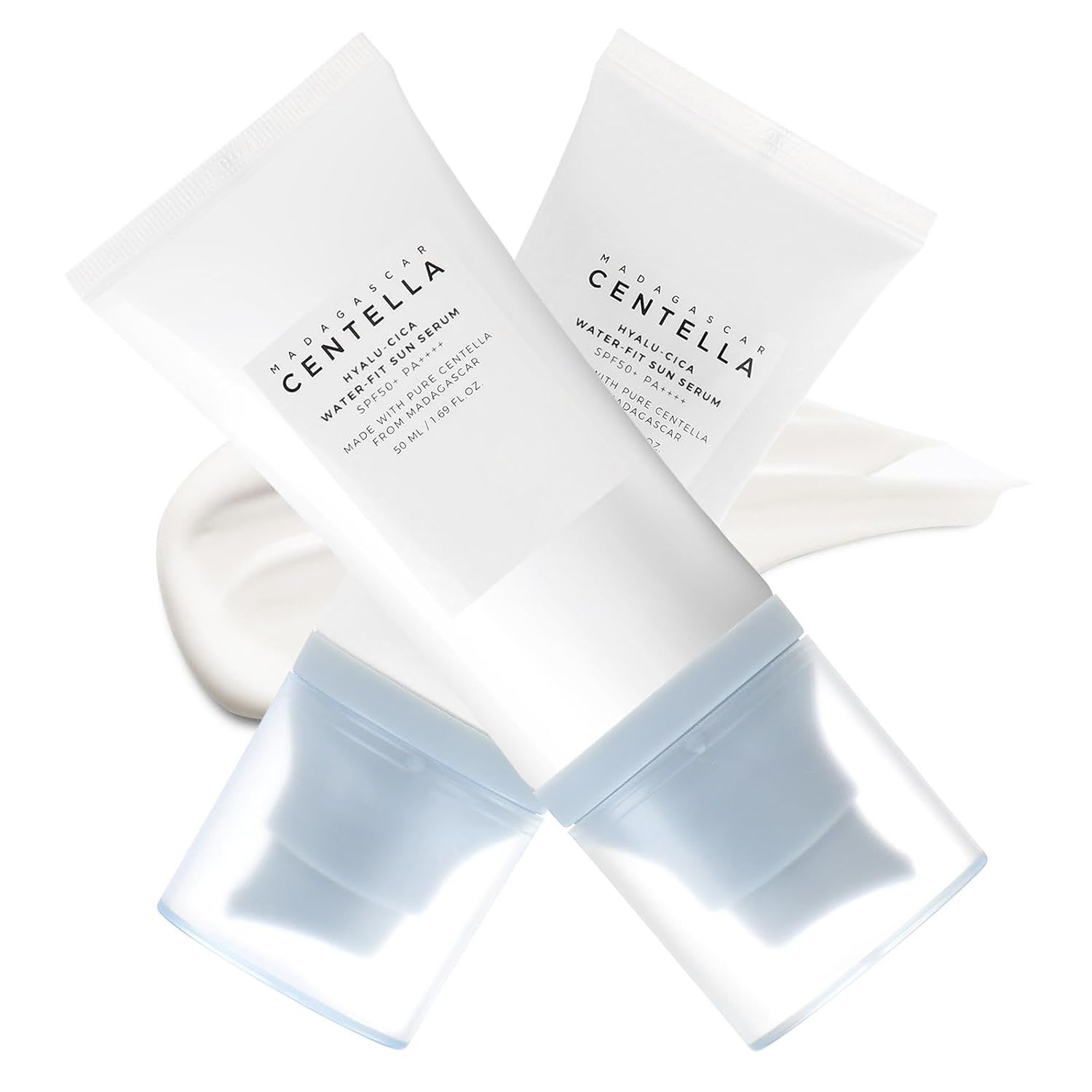 SKIN1004 Madagascar Centella Hyalu-Cica Water-Fit Sun Serum SPF50+, shown in minimalist white tubes, designed to hydrate, soothe, and protect skin with a lightweight, serum-like texture.