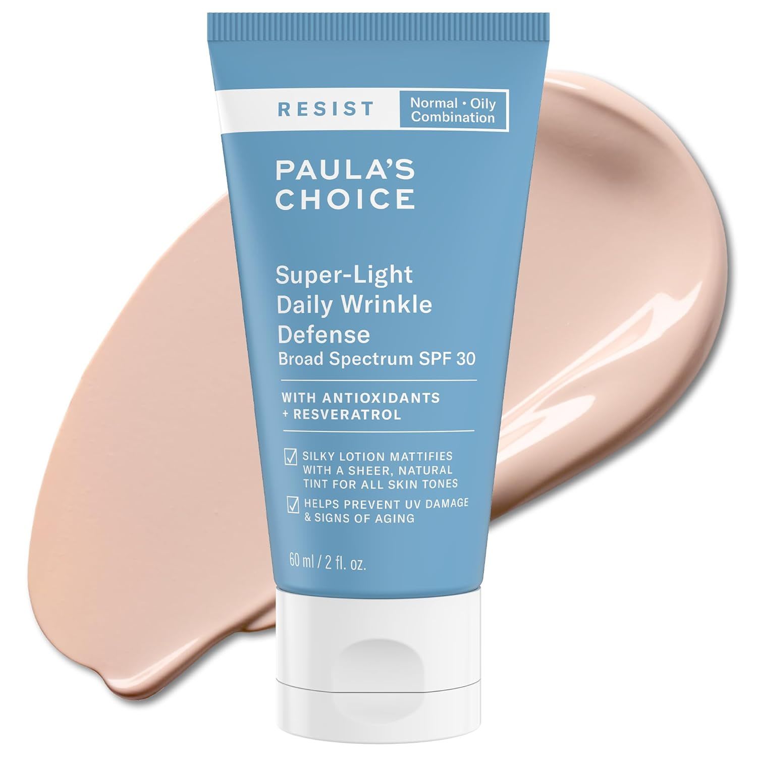 Paula’s Choice Super-Light Daily Wrinkle Defense SPF 30, shown in a blue tube with a tinted swatch, delivering matte sun protection with antioxidant benefits.