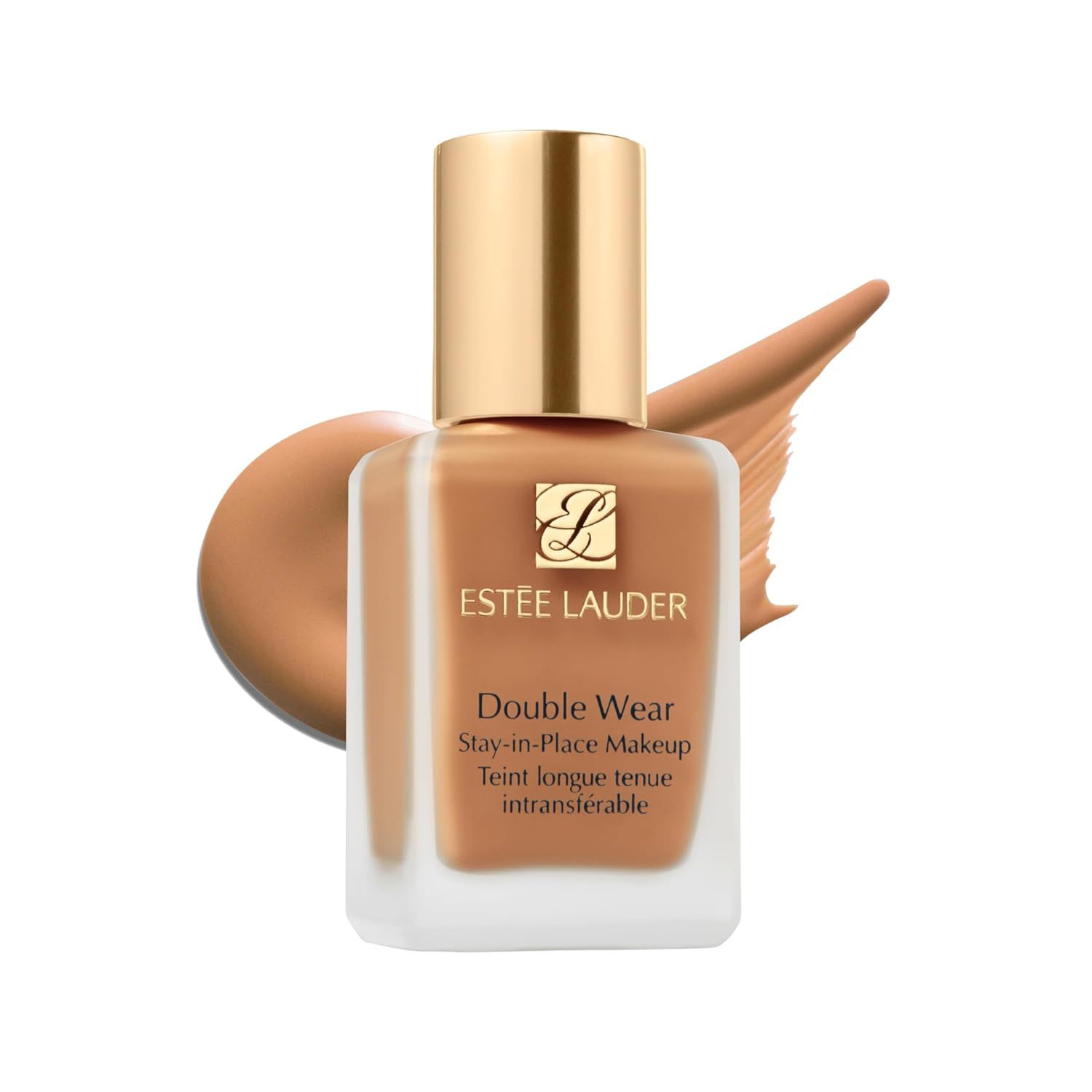 Estée Lauder Double Wear Stay-in-Place Foundation, shown in a frosted glass bottle with a gold cap, designed for long-lasting, full-coverage wear.
