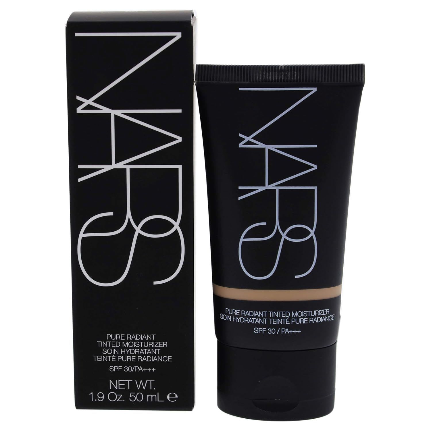 NARS Pure Radiant Tinted Moisturizer SPF 30, shown in a black tube with packaging, providing lightweight coverage with a natural, radiant finish.