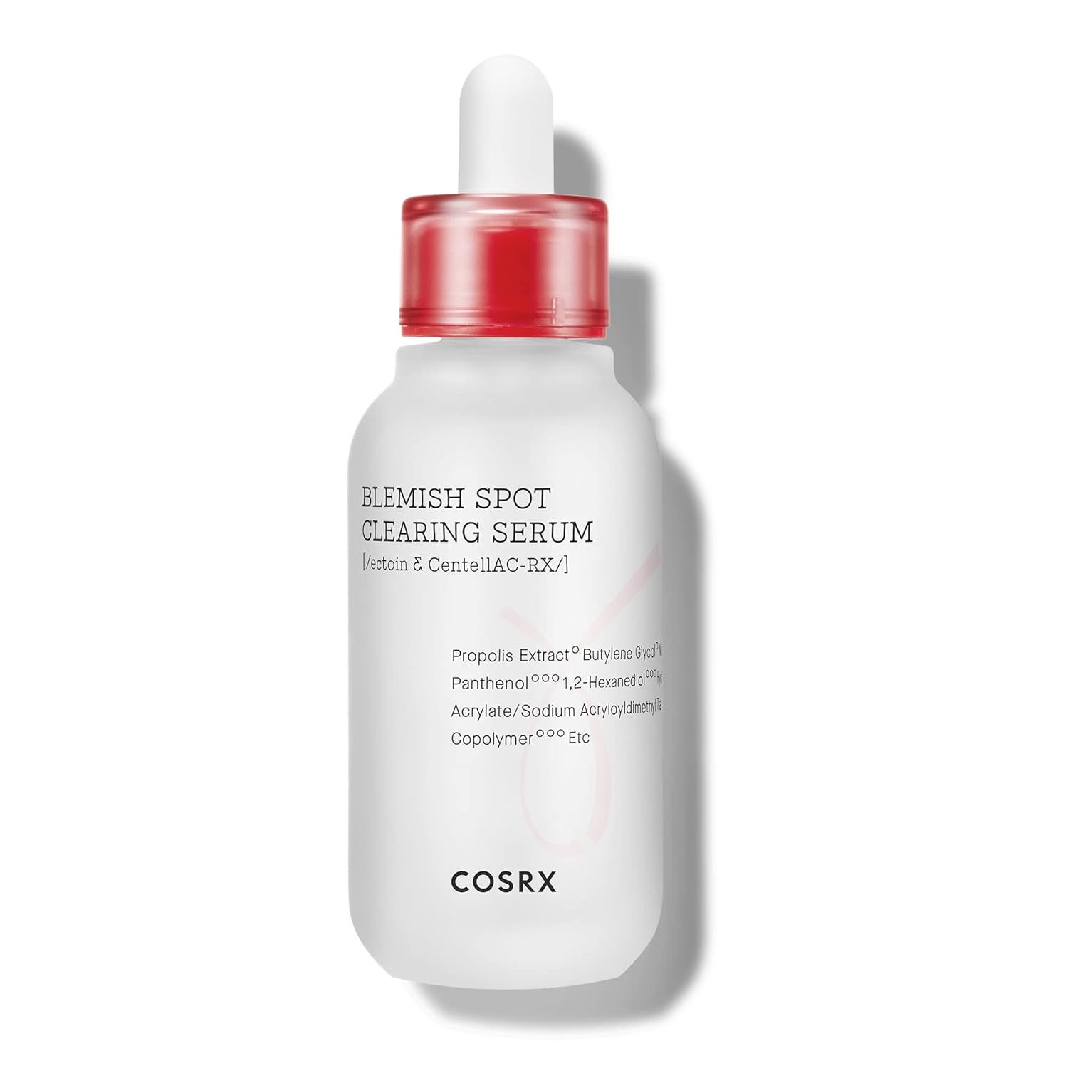 COSRX Blemish Spot Clearing Serum, shown in a frosted bottle with a dropper cap, formulated to target breakouts and soothe irritated skin.
