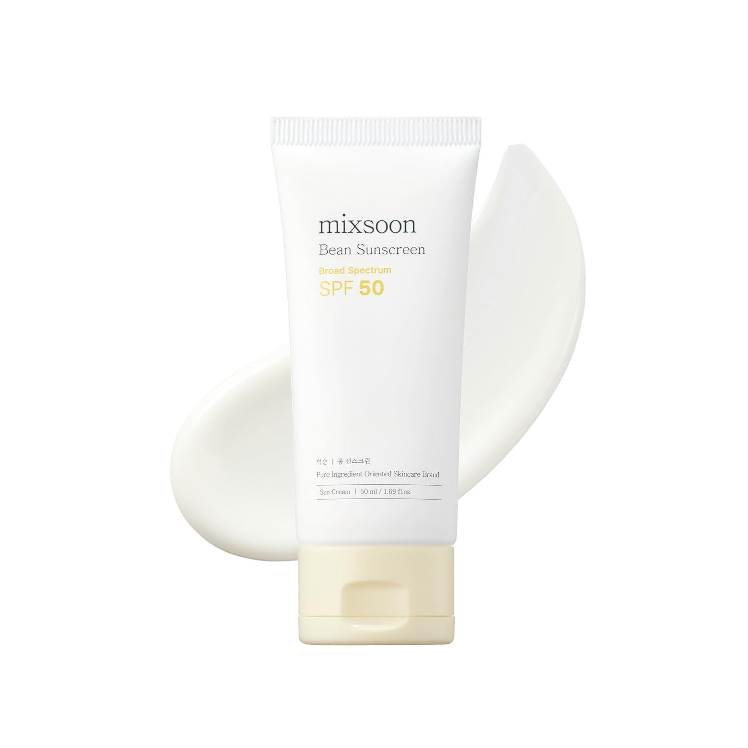 Mixsoon Bean Sunscreen SPF 50, shown in a white tube with a soft cream texture swatch, providing broad-spectrum sun protection with a lightweight finish.