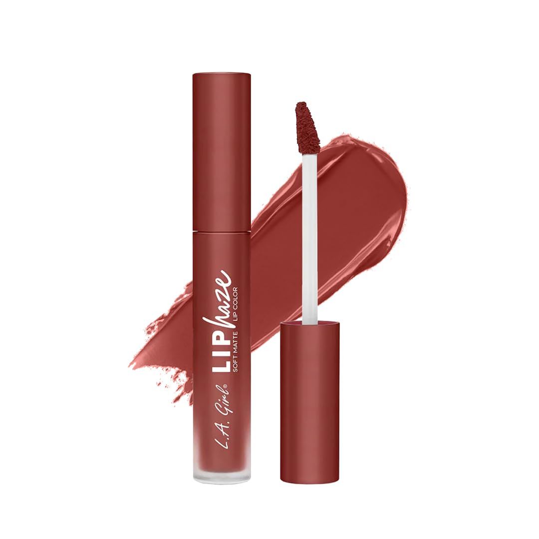 L.A. Girl Lip Haze Soft Matte Lip Color in a warm terracotta shade, shown with a doe-foot applicator and matching swatch, delivering a soft matte finish with comfortable wear.