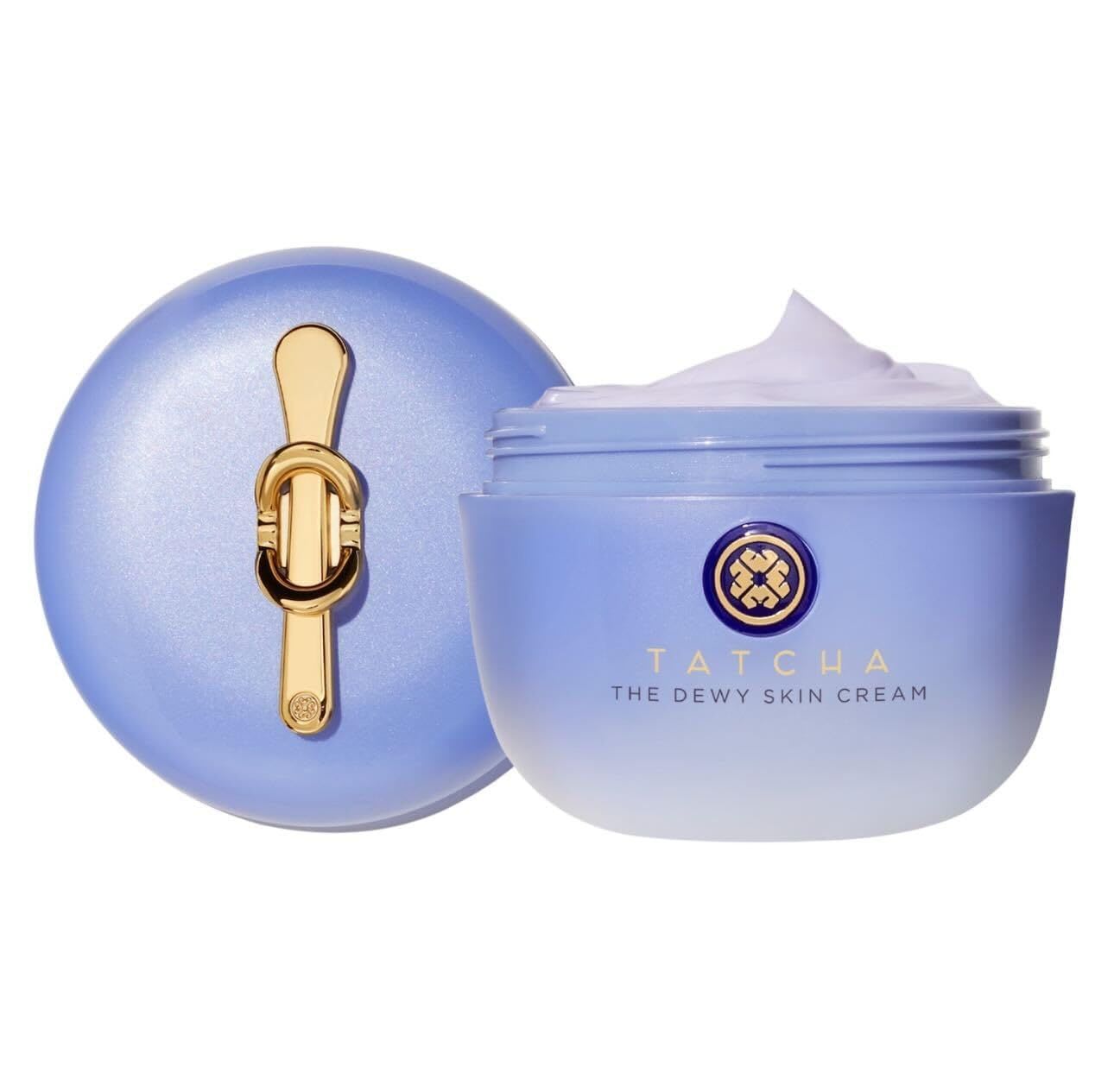 Tatcha The Dewy Skin Cream, shown in a lavender jar with gold detailing, designed to deeply hydrate and give skin a plump, radiant glow.