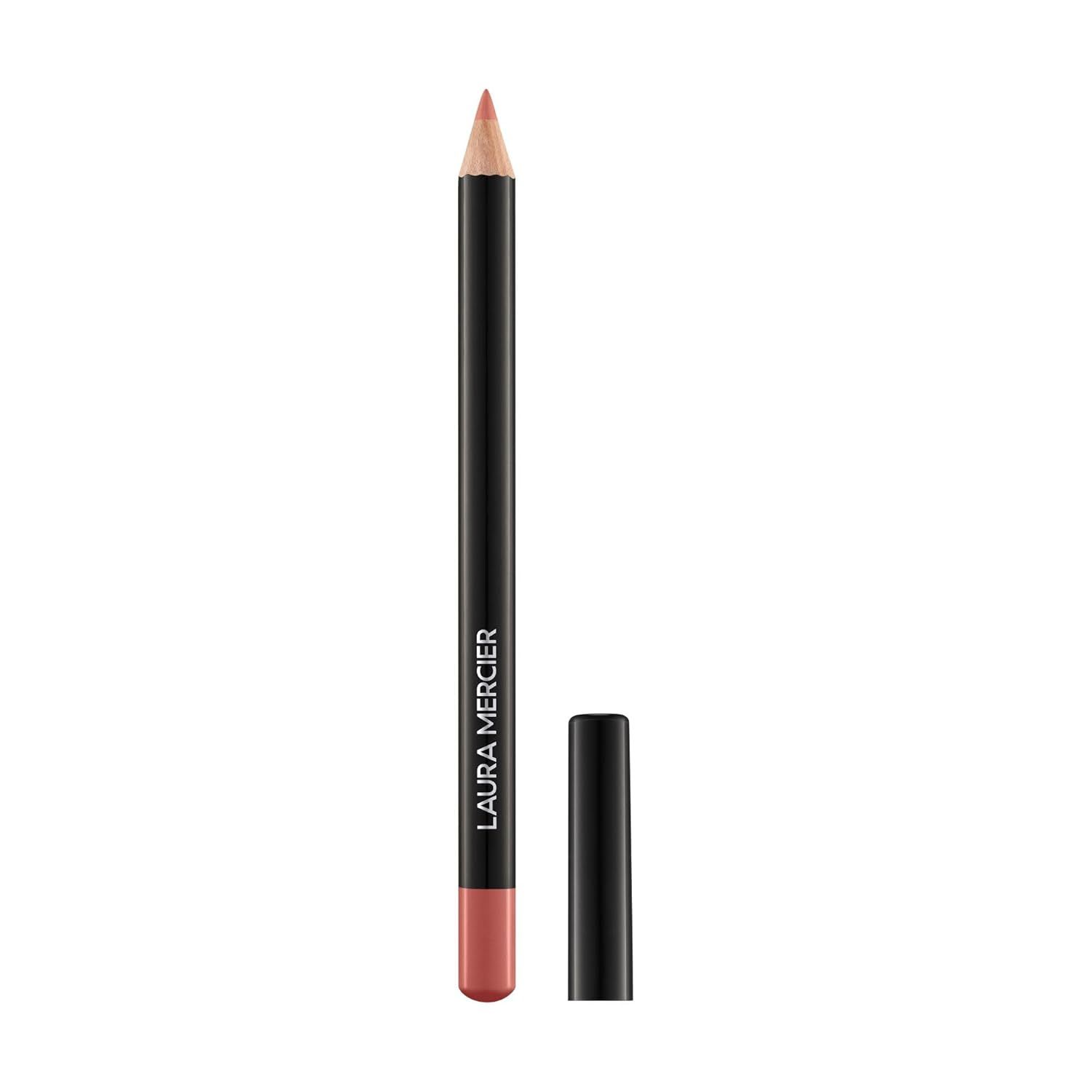 Laura Mercier lip liner pencil in a warm rose shade, shown in a sleek black design with a matching cap, displayed against a clean white background.