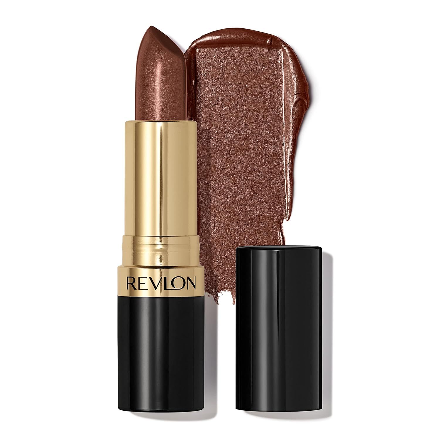 Revlon lipstick in a deep bronze-brown shade, shown in a classic black and gold tube with a creamy swatch, delivering rich color with a subtle sheen.
