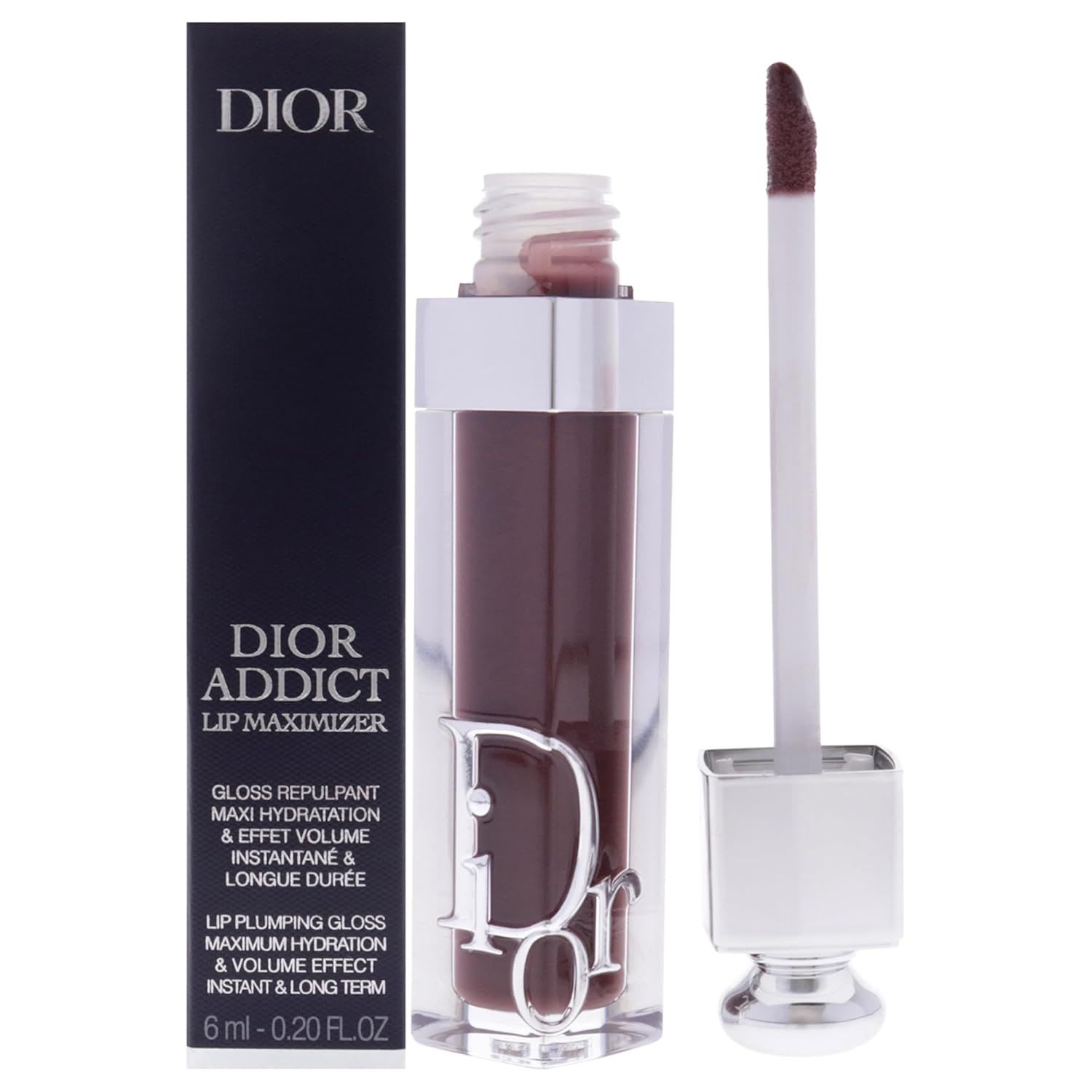 Dior Addict Lip Maximizer gloss in a mauve-brown shade, shown with a doe-foot applicator, designed to hydrate, plump, and add high-shine volume to the lips.
