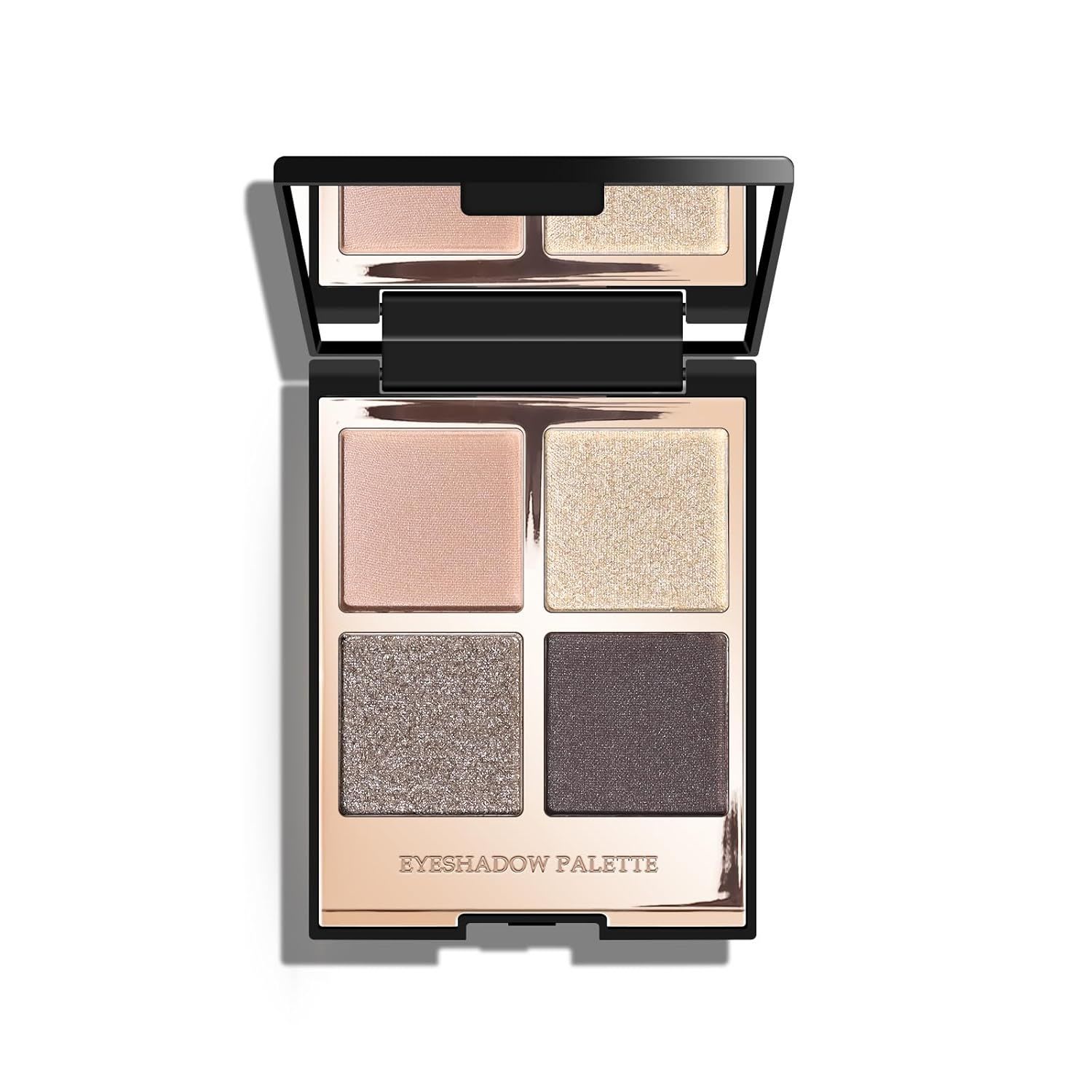 Neutral eyeshadow palette featuring four shades in soft beige, gold, taupe, and deep brown tones, designed for creating dimensional everyday or glam eye looks.