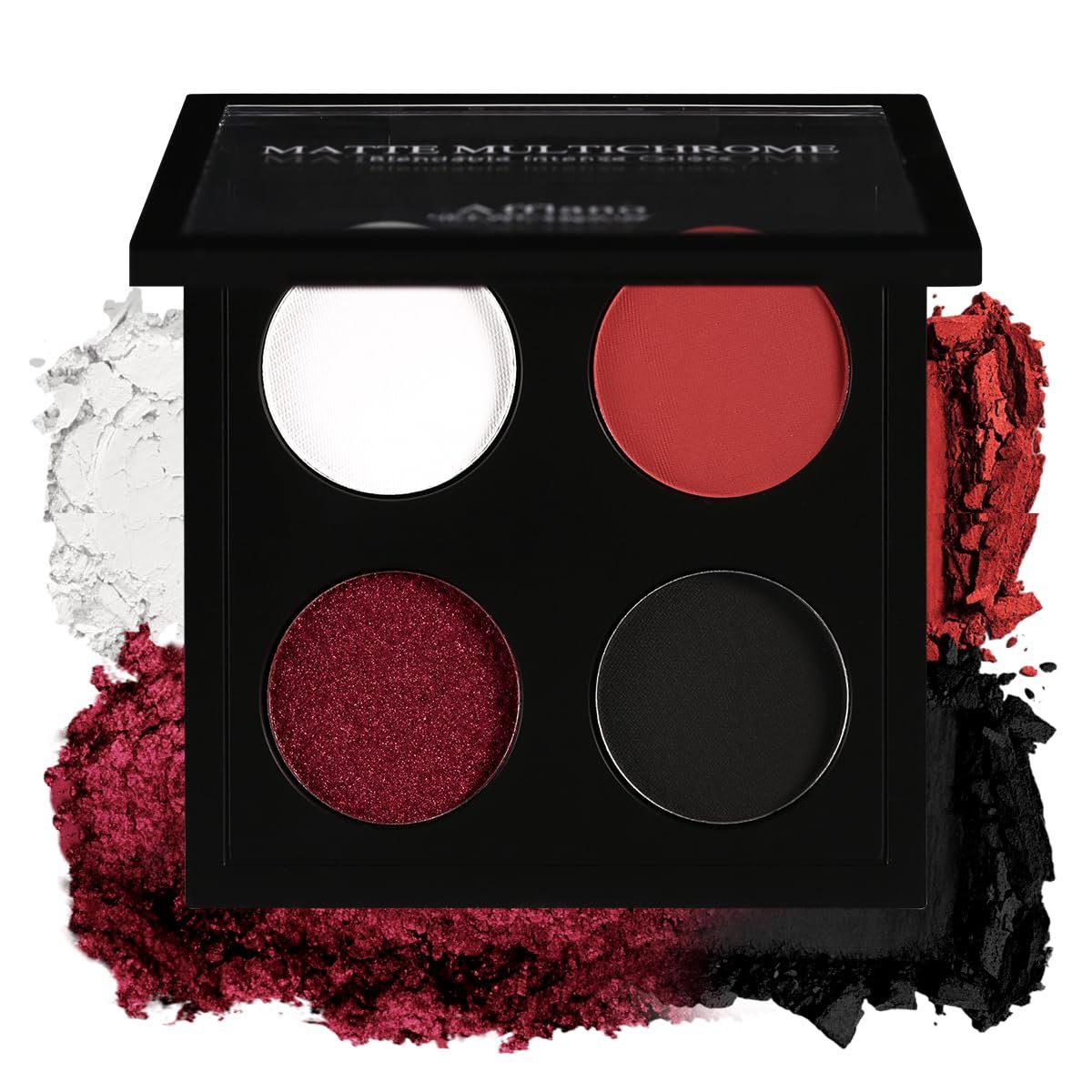 Makeup palette featuring bold red, white, and black shades with a mix of matte and shimmer finishes, designed for dramatic and editorial eye looks.