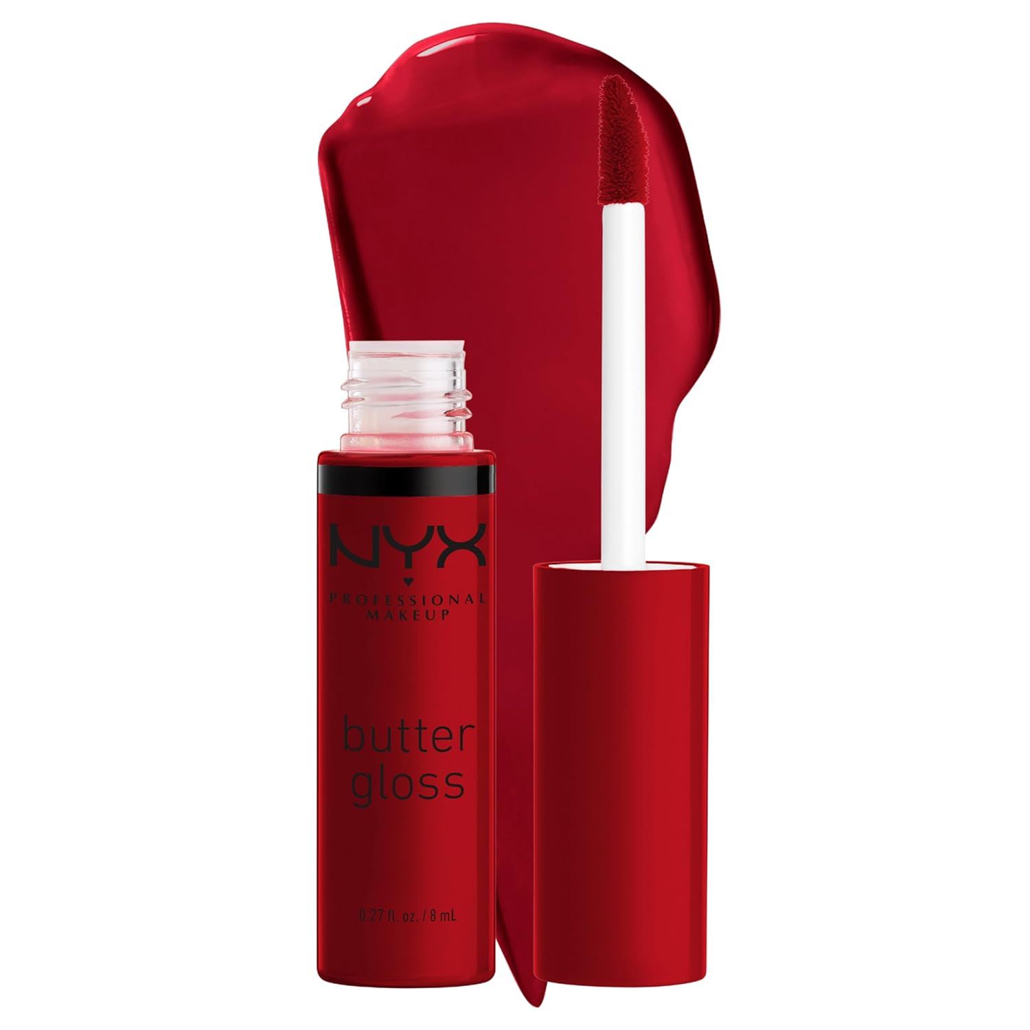 NYX Butter Gloss in a vivid red shade, shown with a doe-foot applicator and glossy swatch, delivering high-shine color with a smooth, non-sticky finish.