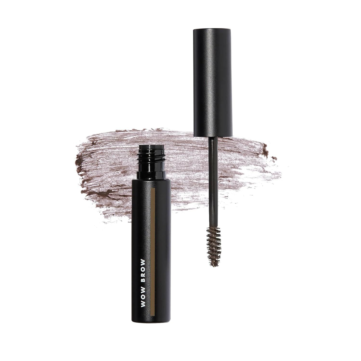 Brow gel in a tinted formula, shown with a spoolie applicator and brow swatch, designed to shape, define, and hold brows in place for a natural finish.