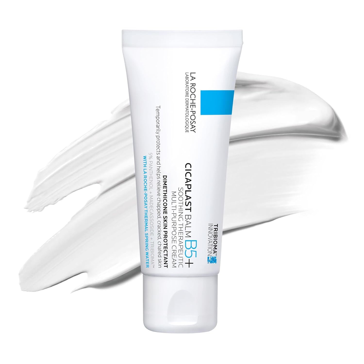 La Roche-Posay Cicaplast Baume B5+, shown in a white tube with a cream texture backdrop, designed to soothe, repair, and protect irritated or compromised skin.