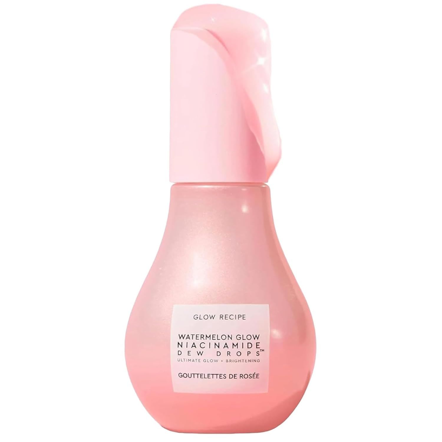 Glow Recipe Watermelon Glow Niacinamide Dew Drops, shown in a pink bottle, designed to brighten skin and deliver a dewy glow.