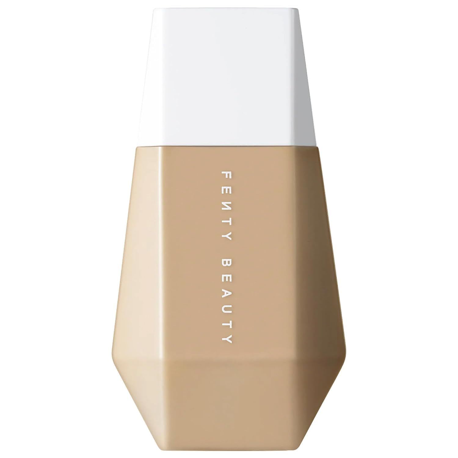 Fenty Beauty foundation in a medium beige shade, shown in a sleek geometric bottle, designed for even coverage and a smooth, natural finish.