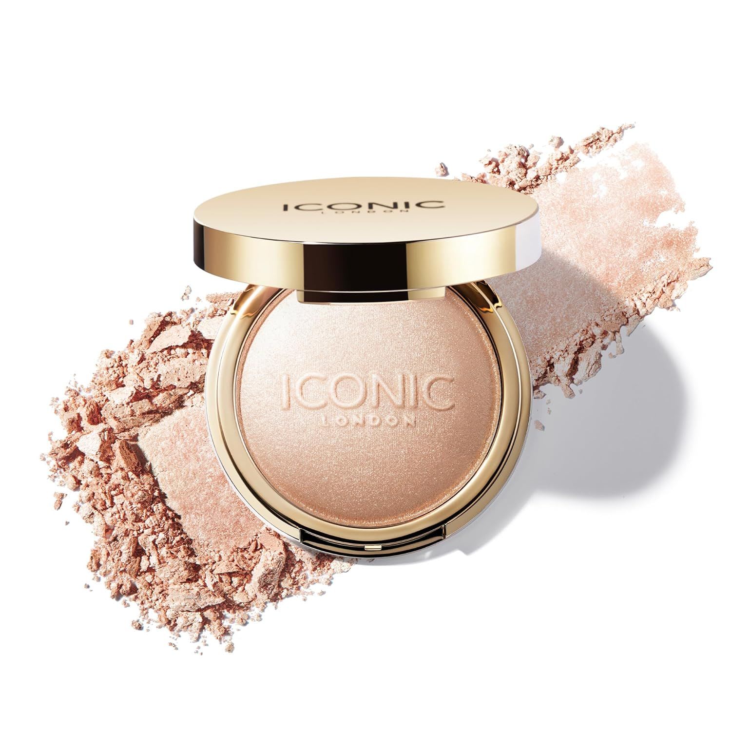 ICONIC London illuminating powder highlighter, shown in a gold compact with a luminous champagne shade, designed to add radiant glow and highlight to the skin.
