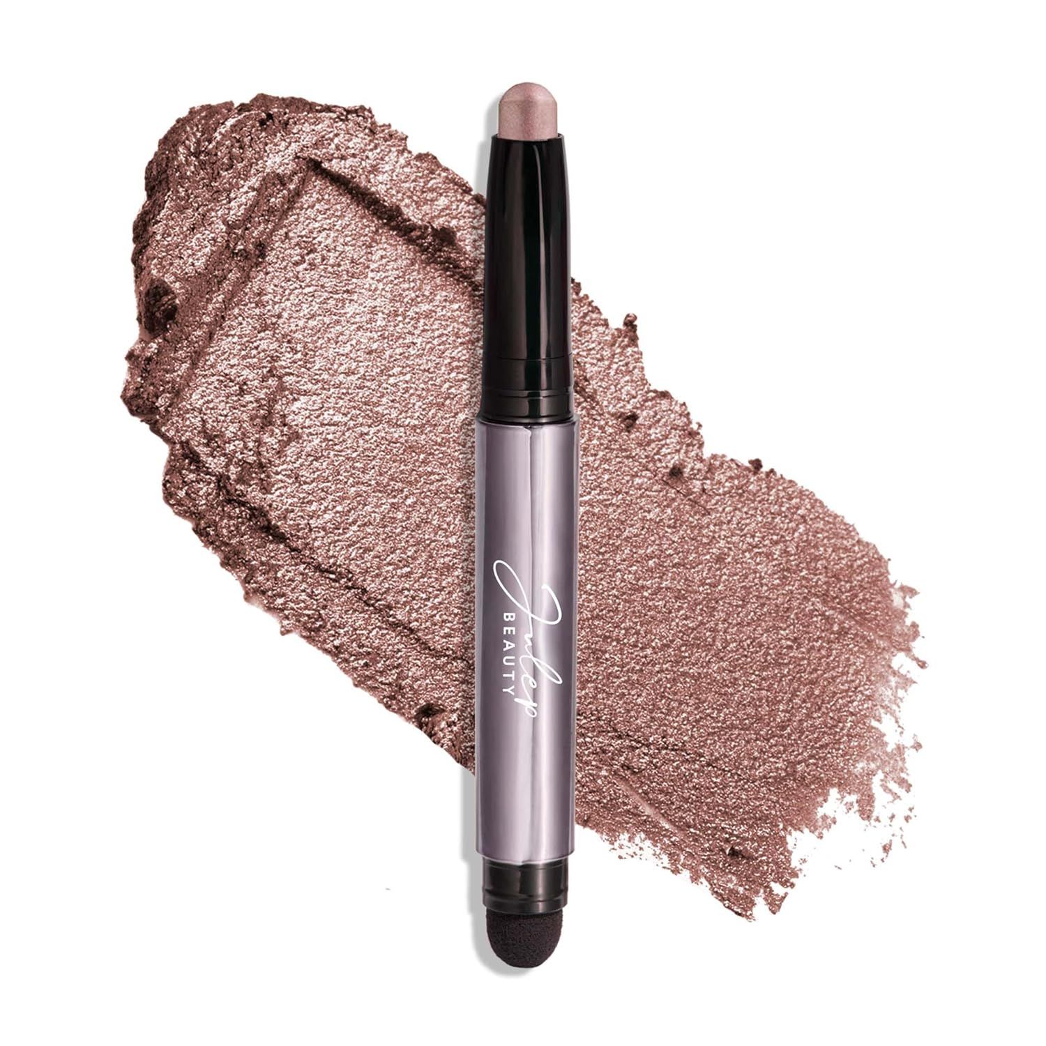 Julep Beauty cream eyeshadow stick in a taupe shimmer shade, shown with a built-in blending tip and a metallic swatch, designed for easy, one-step eye looks.