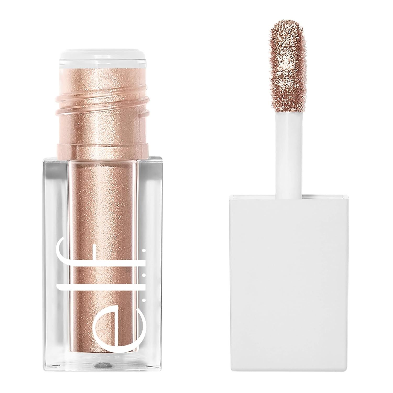 e.l.f. liquid glitter eyeshadow in a champagne-gold shade, shown with a doe-foot applicator, delivering high-shine sparkle with a smooth, lightweight finish.