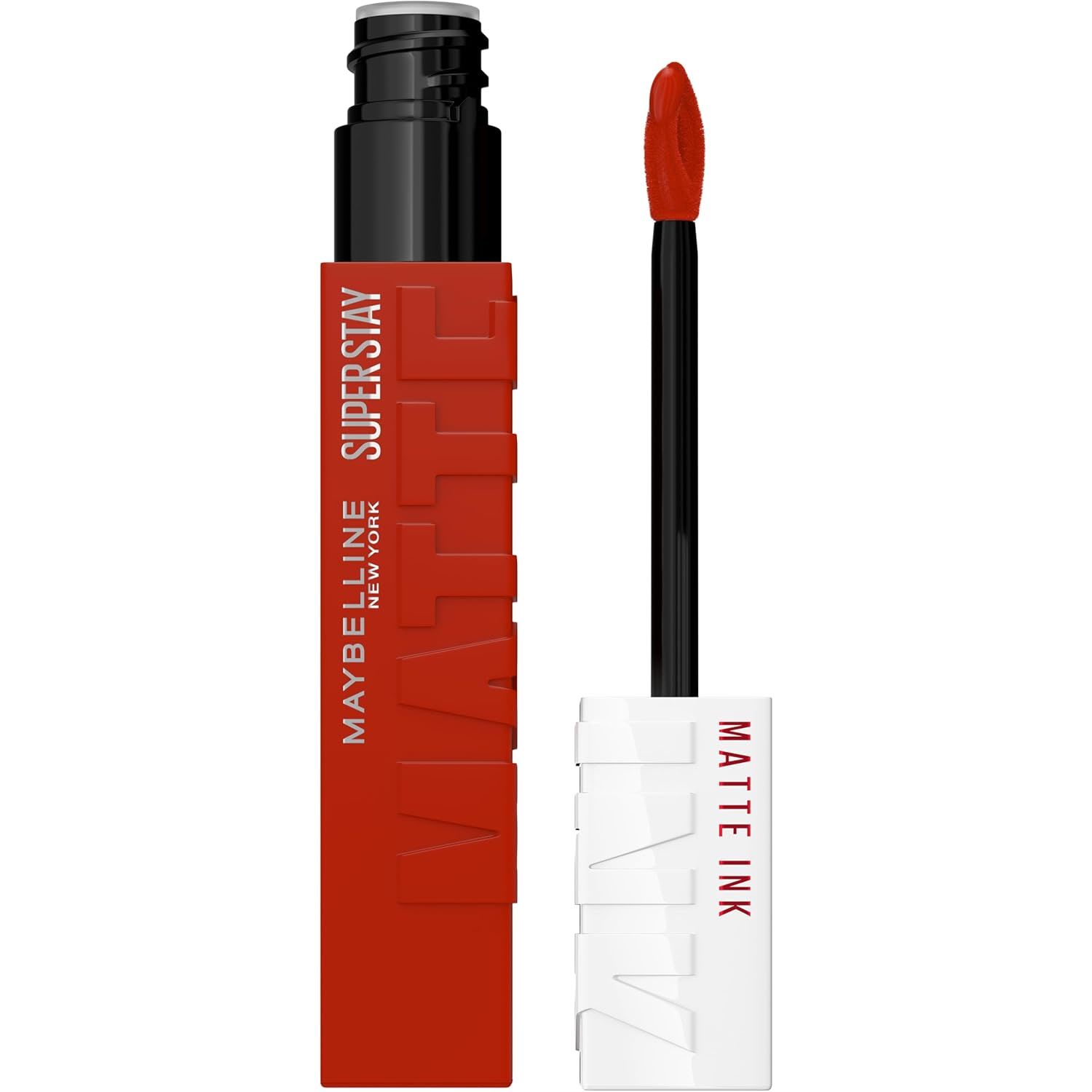 Maybelline Super Stay Matte Ink liquid lipstick in a bold red shade, shown with a doe-foot applicator, delivering long-lasting, high-impact matte color.