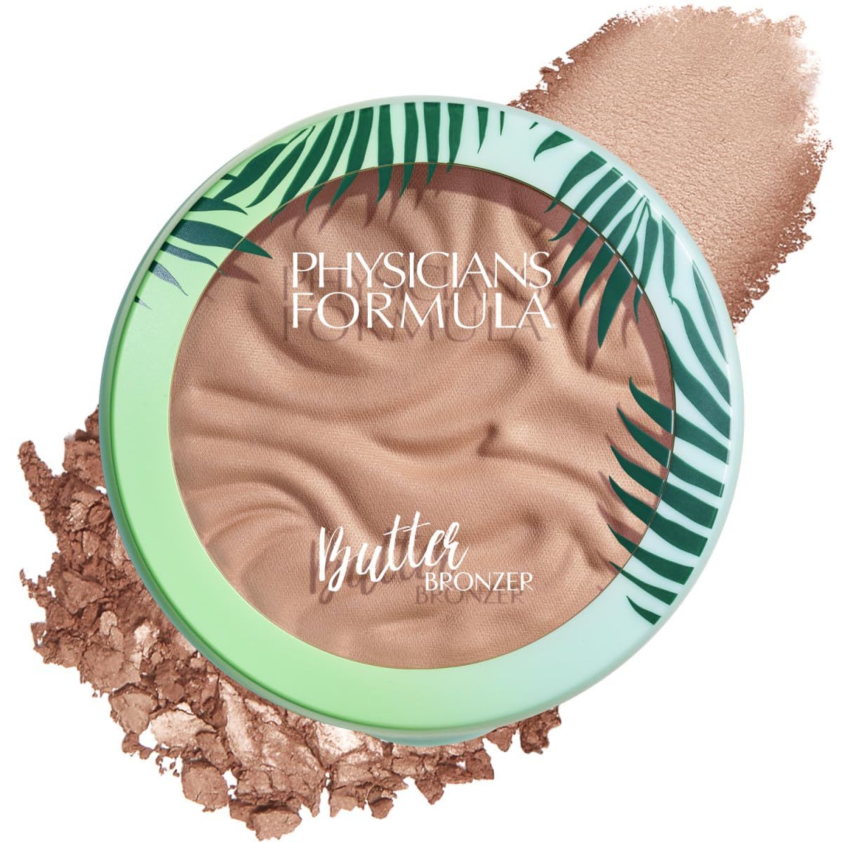 Physicians Formula Butter Bronzer, shown in a tropical-themed compact with a warm bronzing powder, designed to add natural warmth and a smooth, sun-kissed glow.