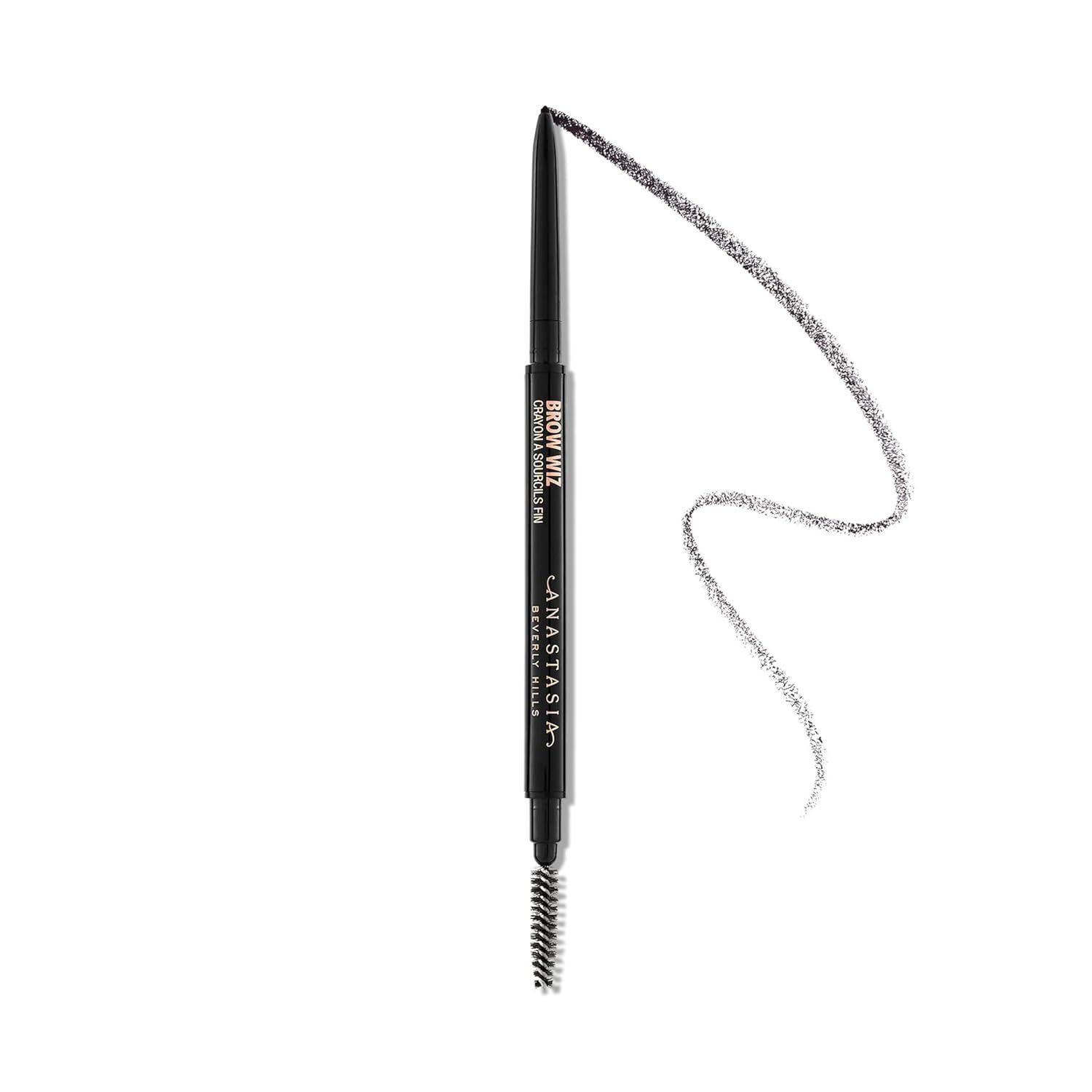 Anastasia Beverly Hills Brow Wiz pencil in a dark brown shade, shown as a slim dual-ended pencil with spoolie, designed for precise brow definition and natural hair-like strokes.