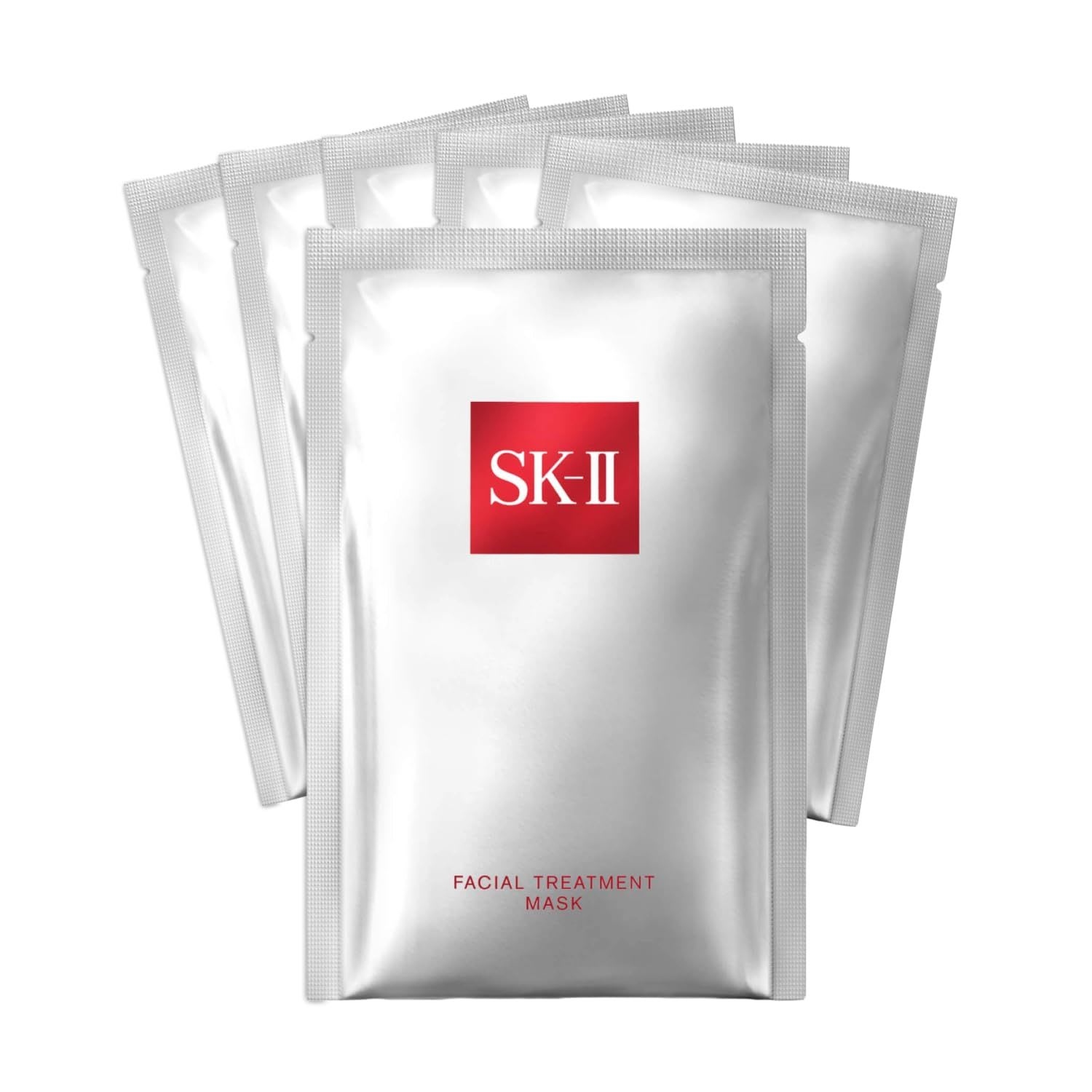 SK-II Facial Treatment Mask sheet masks, shown in silver individual sachets with red branding, designed for intensive hydration and skin treatment.