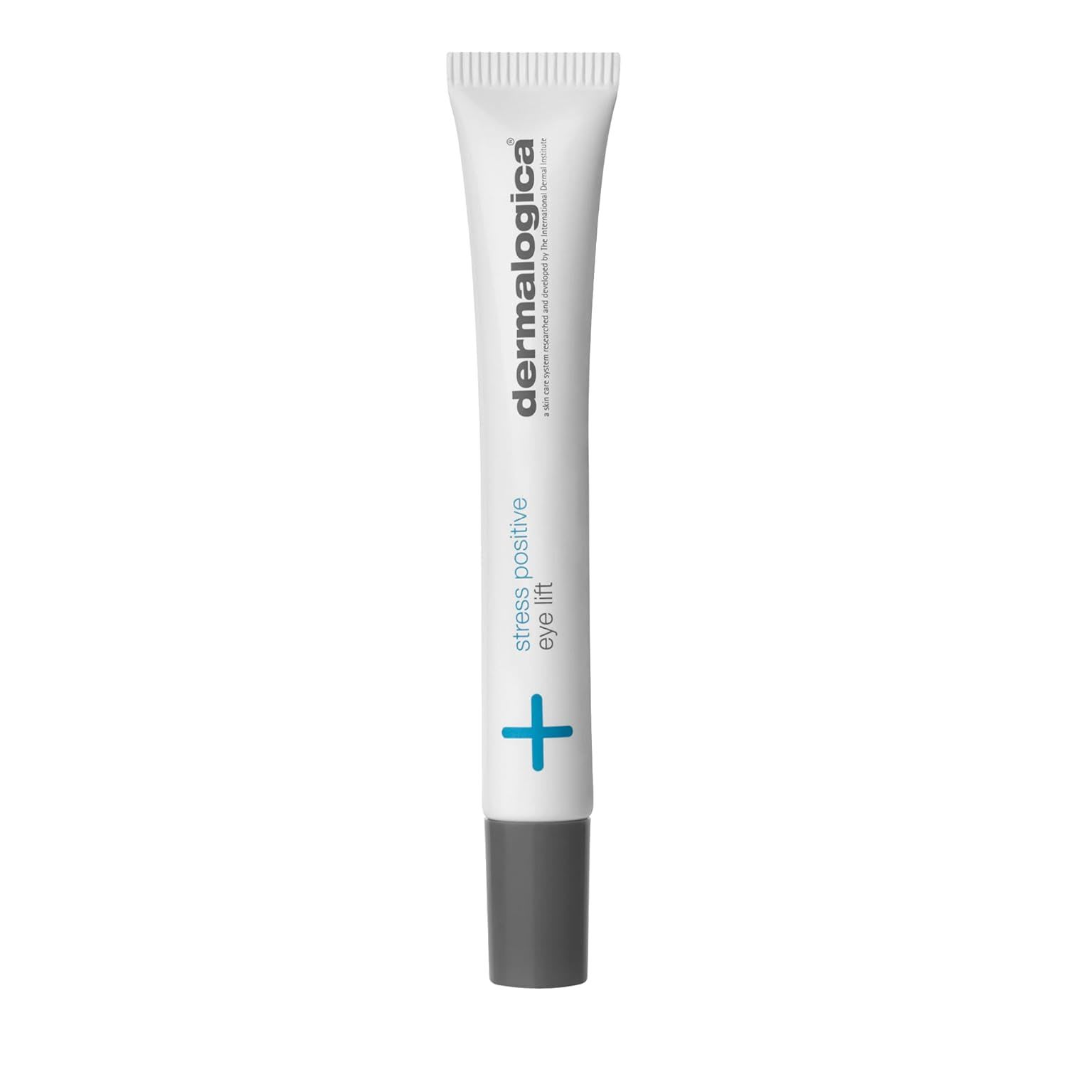 Dermalogica Stress Positive Eye Lift treatment, shown in a slim white tube with gray cap, designed to brighten, firm, and reduce signs of fatigue around the eyes.
