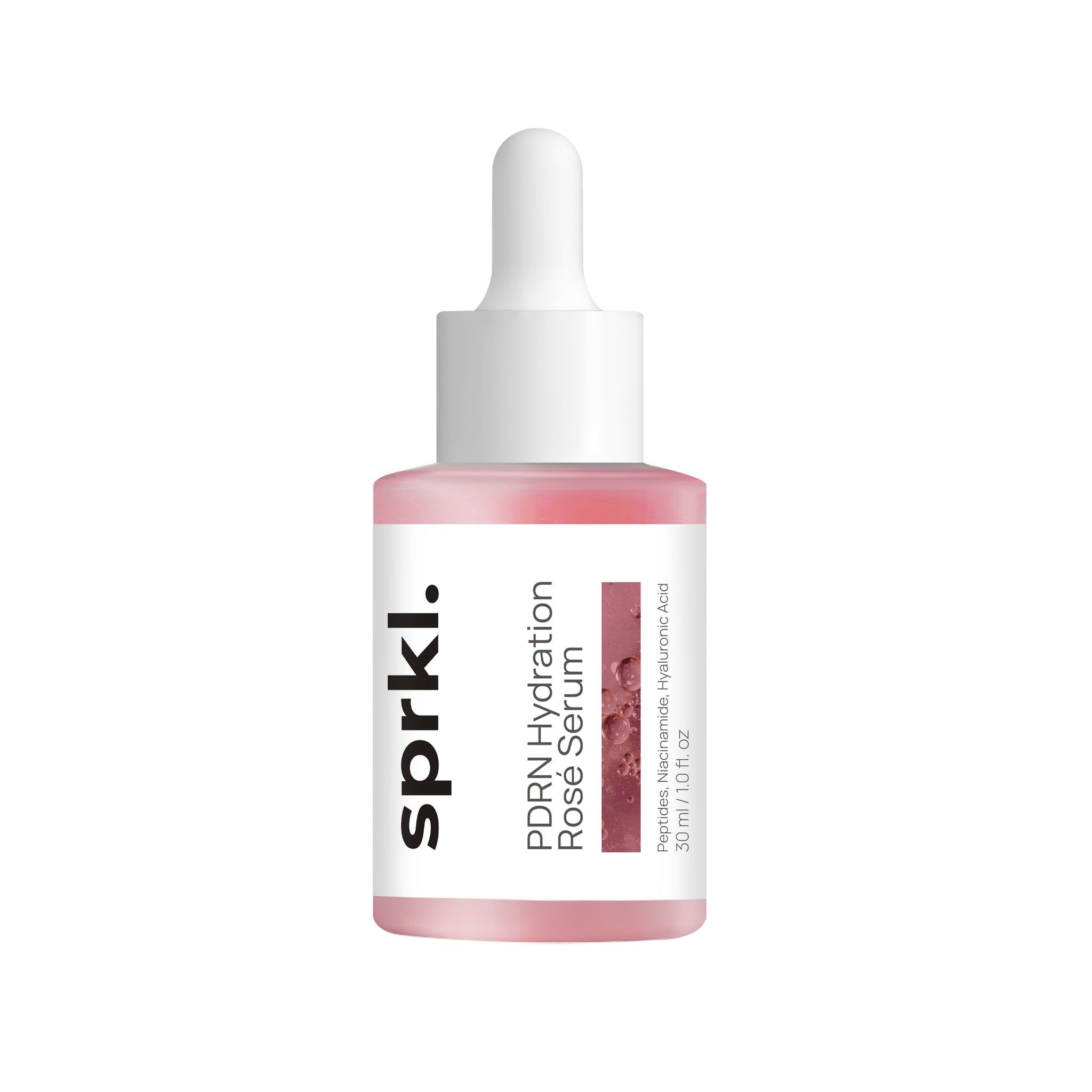 Sprkl. PDRN Hydration Rosé Serum, shown in a pink-tinted glass bottle with a white dropper cap, designed to hydrate, soothe, and support skin renewal.